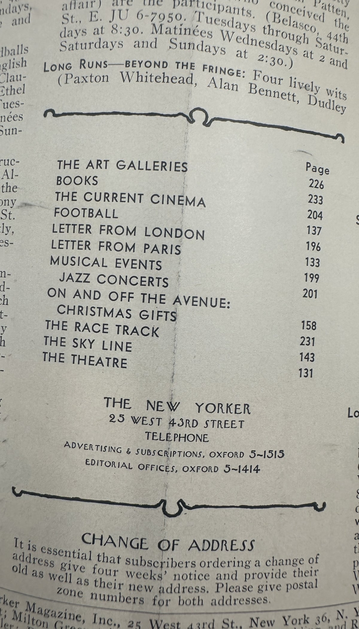 The New Yorker Magazine December 7, 1963 Christmas Gifts Garlands Ilonka Karasz Cover, showing the issue's table of contents with articles on art galleries, books, cinema, football, music, Christmas gifts, theater, and more.
