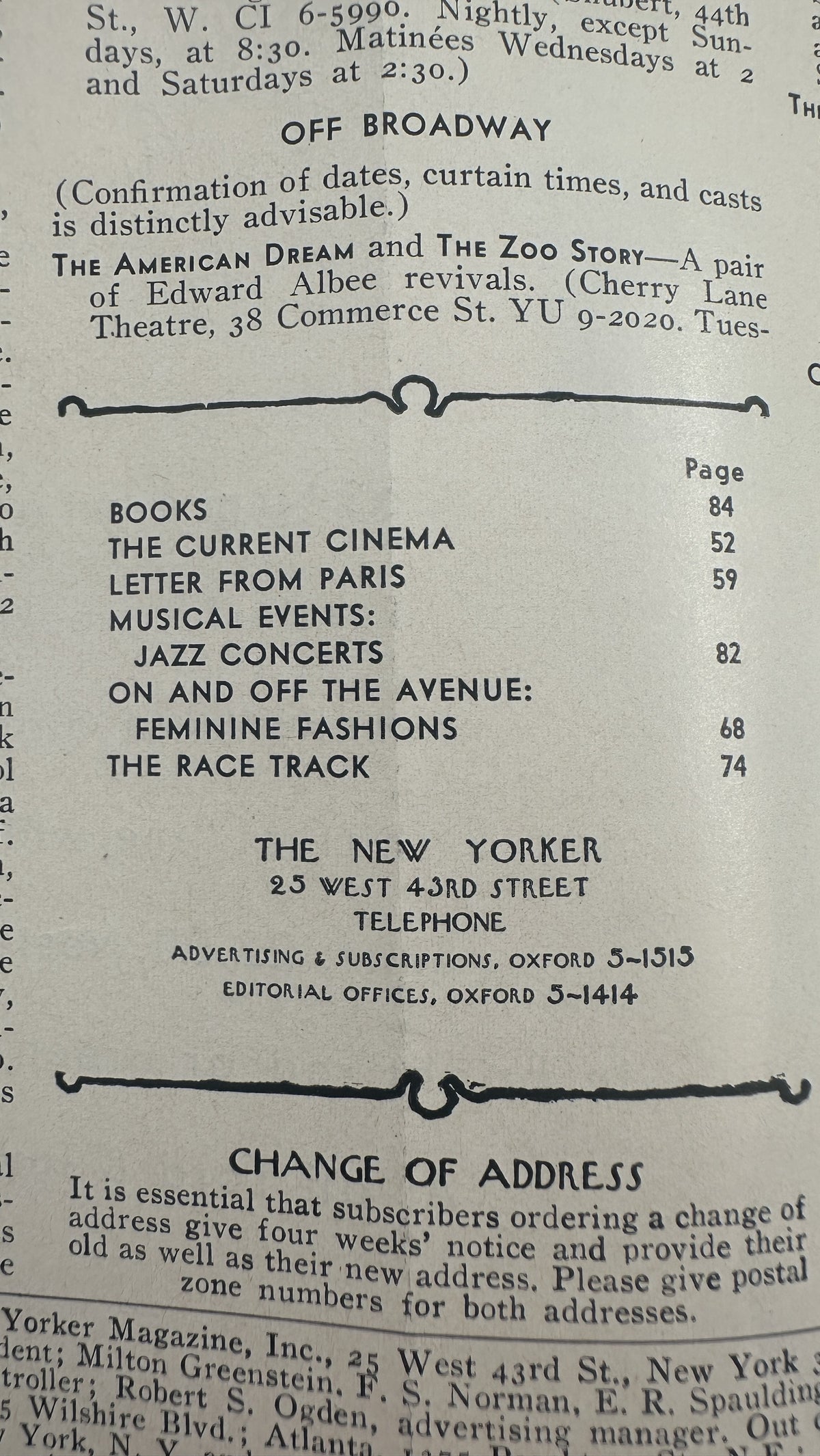The New Yorker Magazine August 17, 1963 Yellow Lake Red Boat Abe Birnbaum Cover, interior table of contents page listing books, current cinema, letter from Paris, jazz concerts, feminine fashions, and the race track