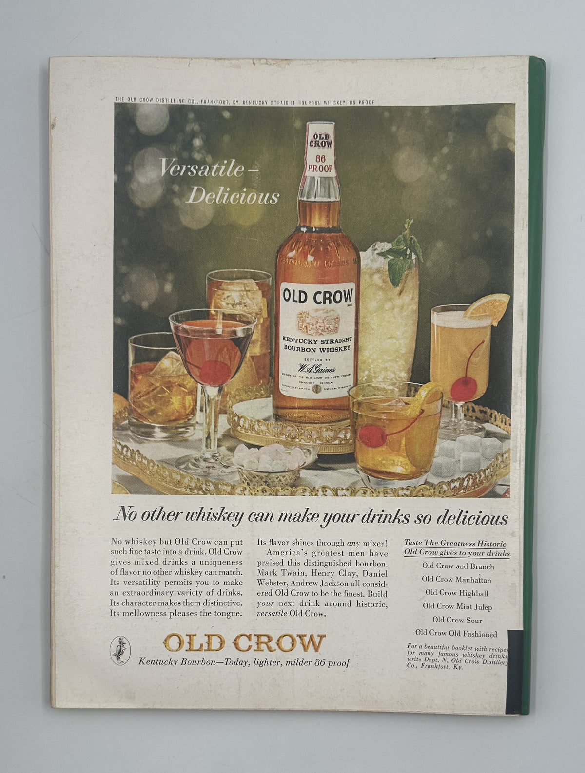 The New Yorker Magazine November 16, 1963 Rug Market Anatol Kovarsky Cover, interior Old Crow bourbon advertisement showing a whiskey bottle, cocktails, and the slogan Versatile Delicious