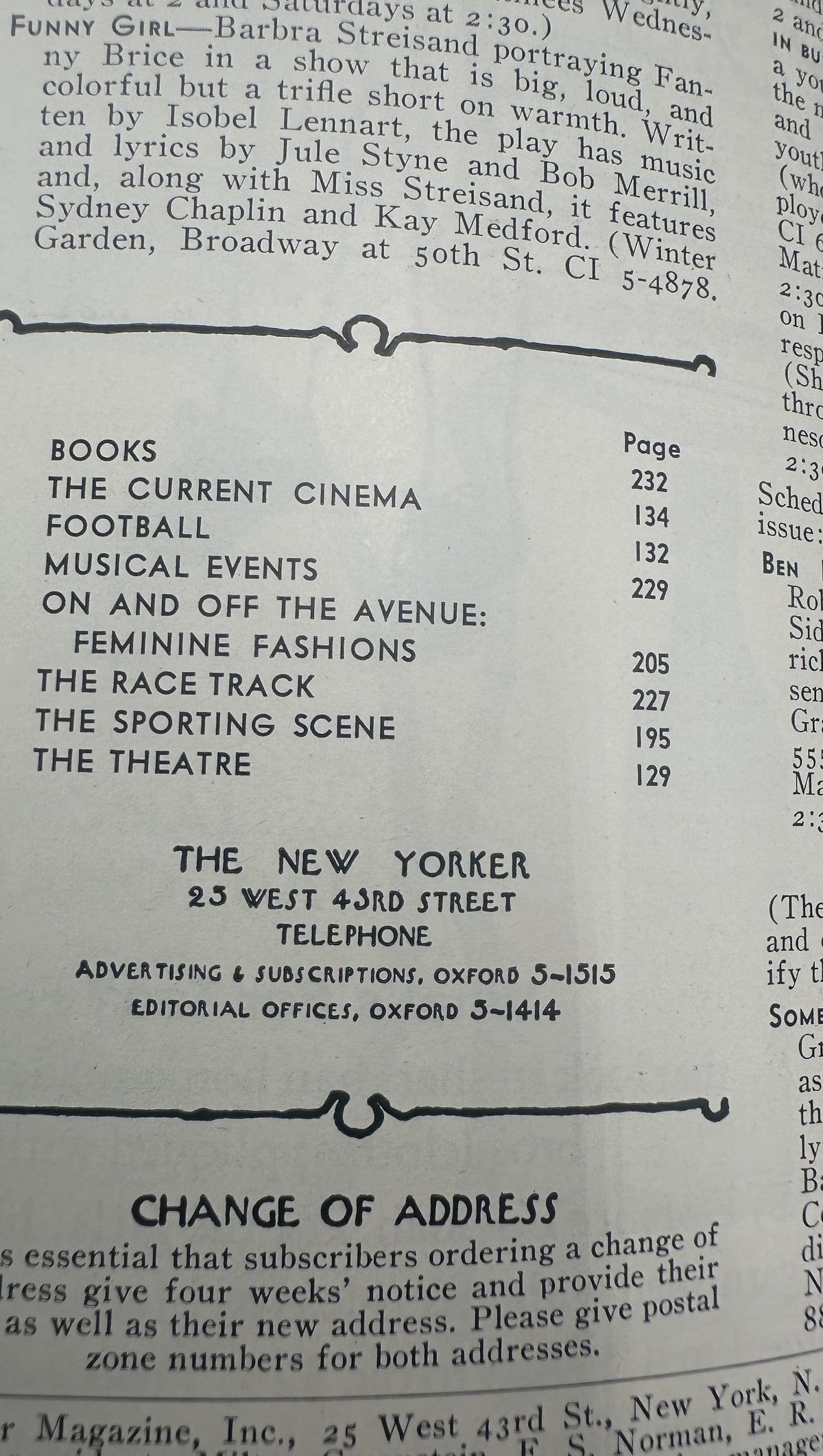 The New Yorker Magazine October 31, 1964 Church Election Board Charles Martin Cover, interior table of contents page listing books, cinema, football, musical events, fashion, horse racing, sports, and theatre.