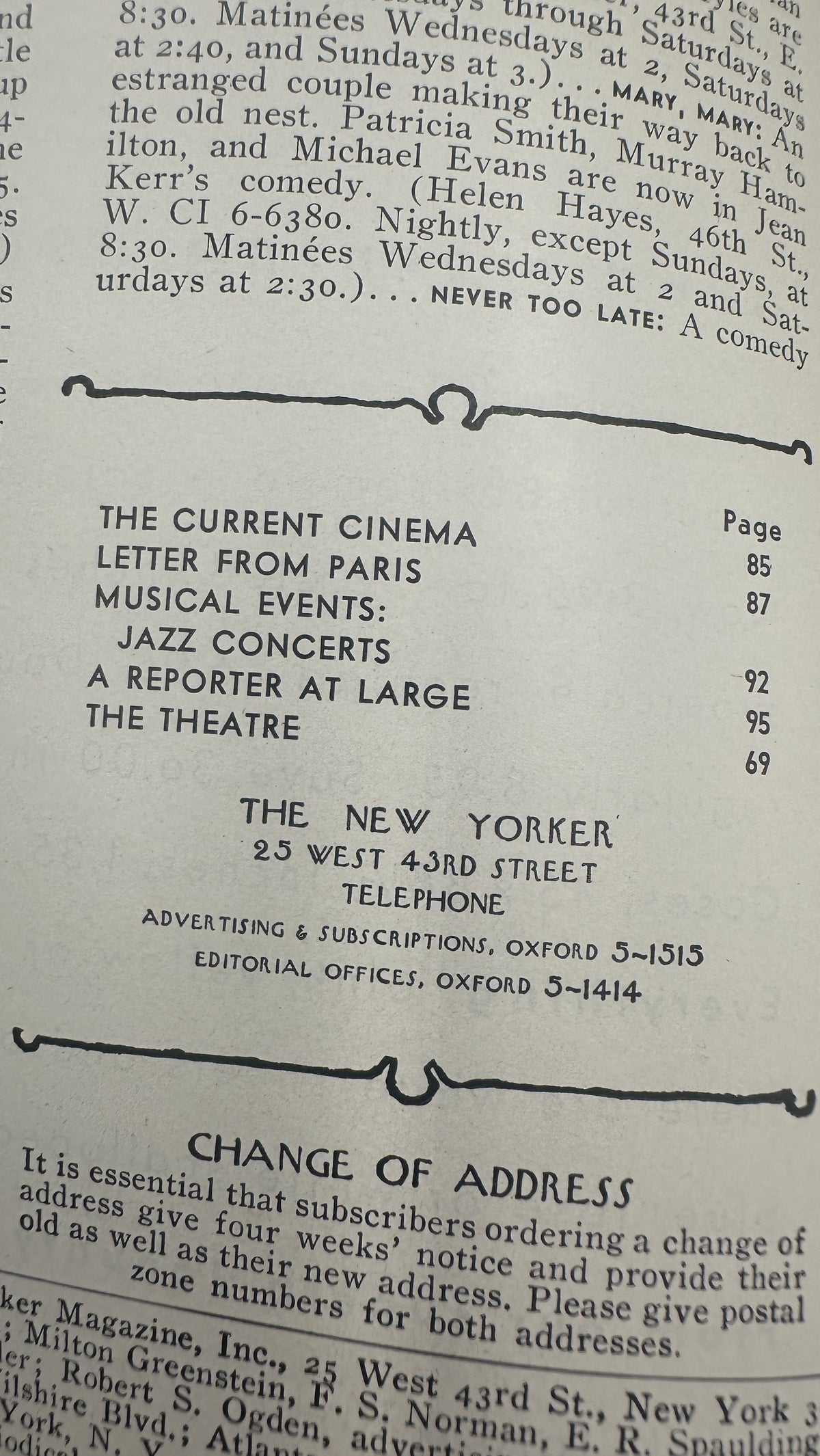 The New Yorker Magazine January 11, 1964 Skiers Snowy Slope Abe Birnbaum Cover, interior table of contents page listing The Current Cinema, Letter from Paris, Jazz Concerts, A Reporter at Large, and The Theatre.