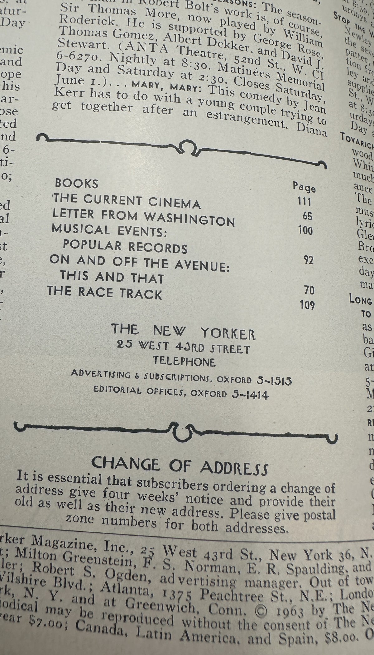 The New Yorker Magazine June 1, 1963 Sailboats Abe Birnbaum Cover VG, interior page showing the table of contents and change of address notice