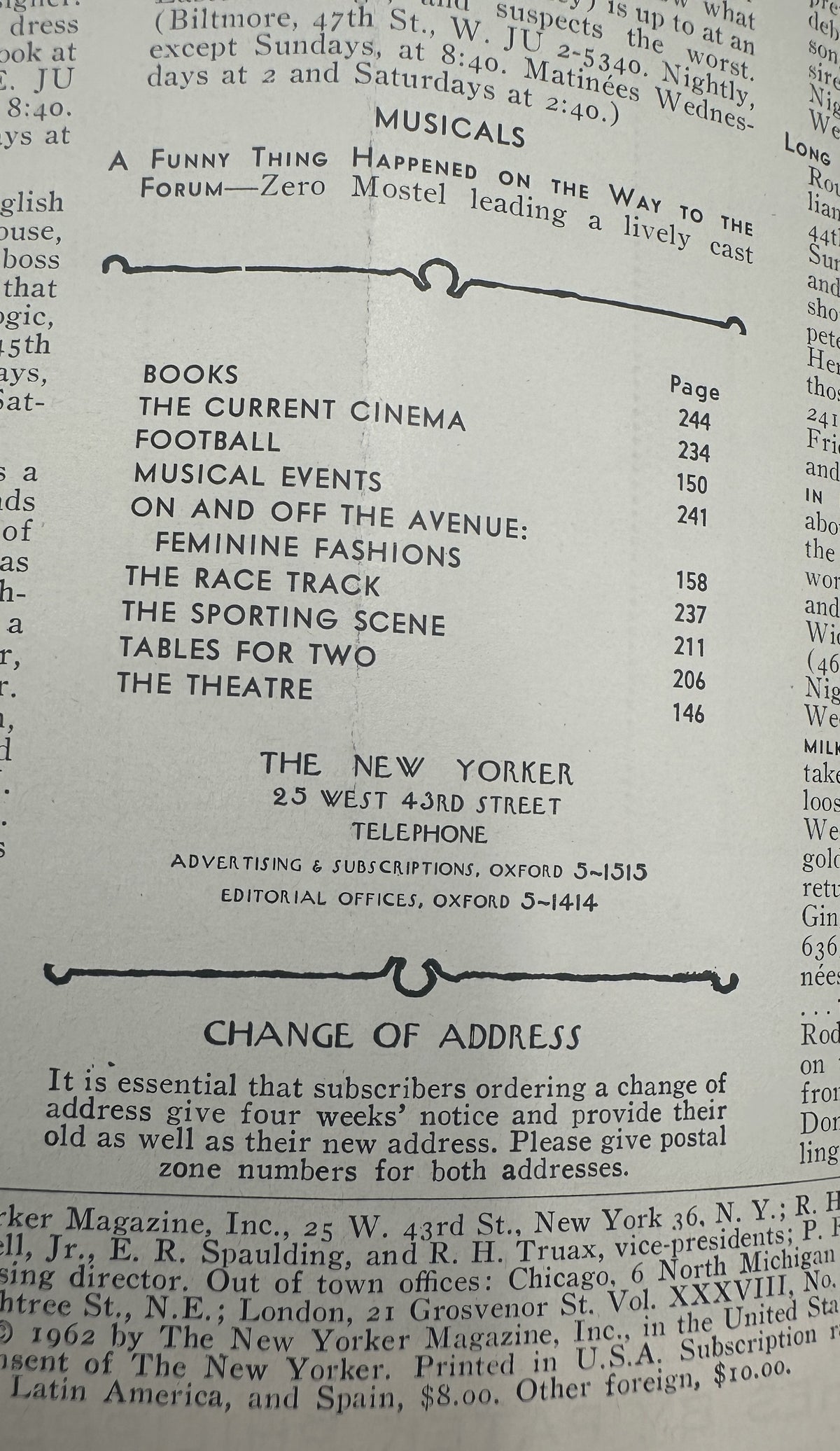 The New Yorker Magazine November 10, 1962 Apple Market Garrett Price Cover VG, showing the printed table of contents with sections including Books, The Current Cinema, Football, Musical Events, The Race Track, and The Theatre.