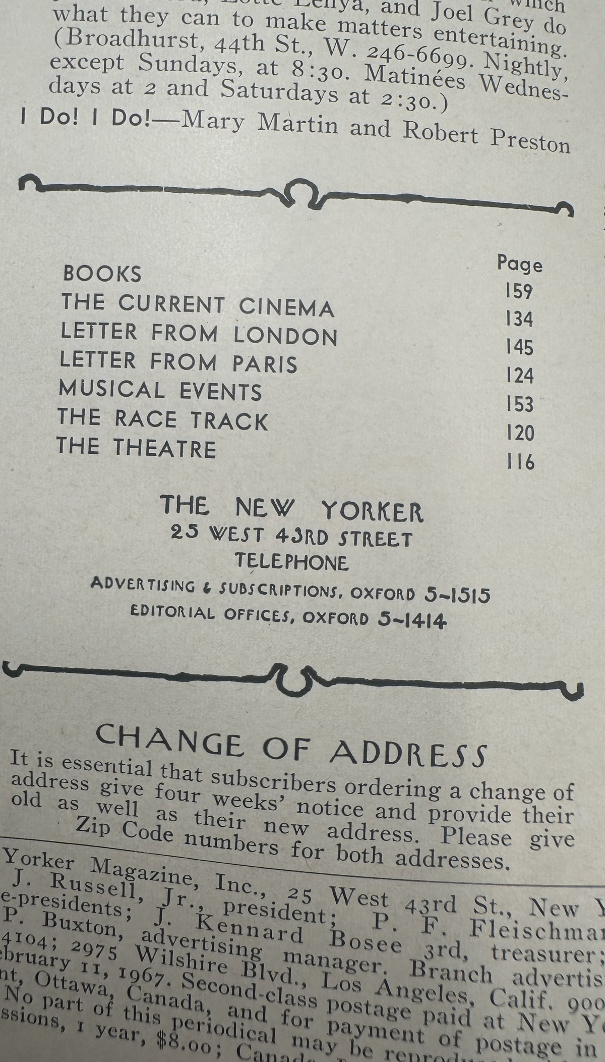 The New Yorker Magazine February 11, 1967 Valentine Hearts Anatol Kovarsky Cover VG, opened to the table of contents page listing Books, The Current Cinema, Letters from London and Paris, Musical Events, The Race Track, and The Theatre.