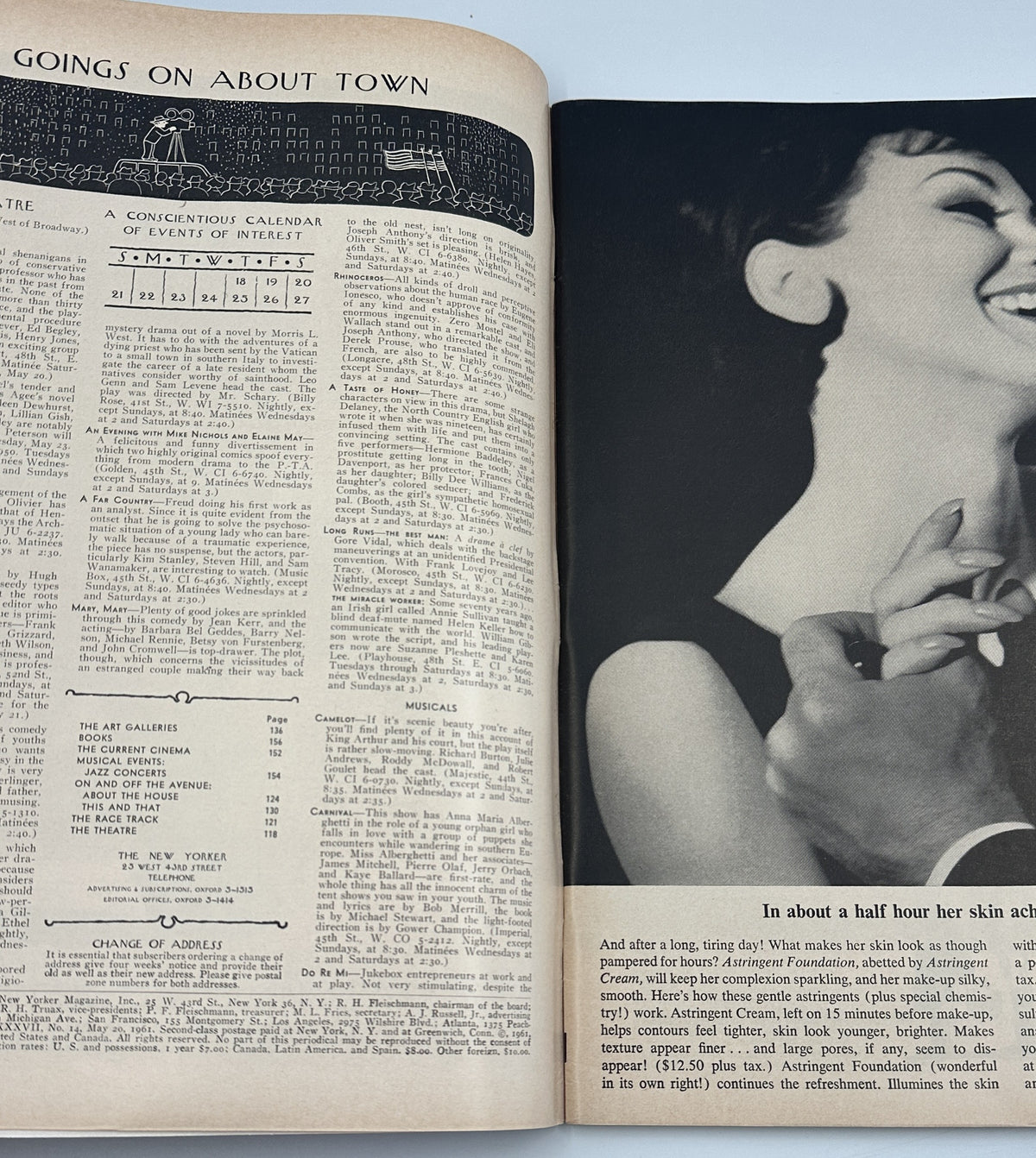 The New Yorker Magazine May 20, 1961 Zoo Animals Anatol Kovarsky Cover VG, interior pages showing the table of contents and a black-and-white feature photograph of a woman.