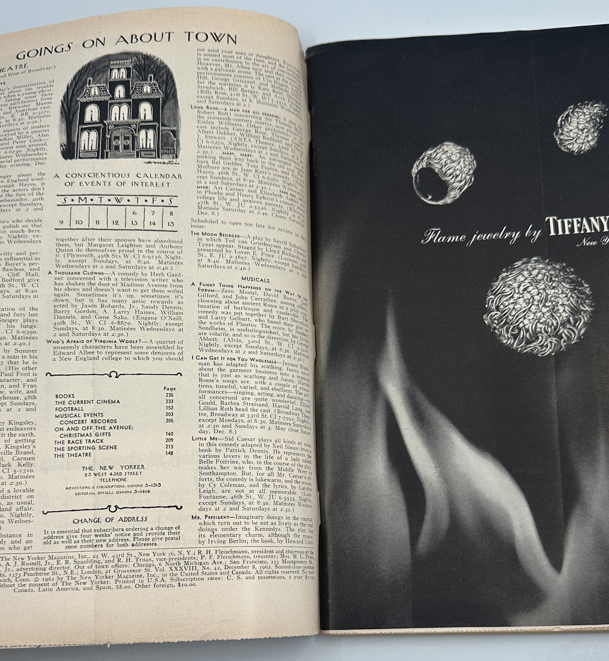 The New Yorker Magazine December 8, 1962 Snowy Tree Winter Charles Addams Cover, interior pages showing the table of contents beside a Tiffany jewelry advertisement.