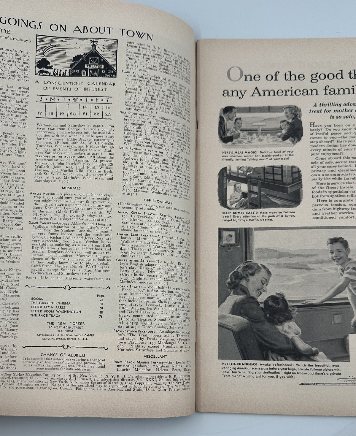 The New Yorker Magazine July 16, 1955 Child Bed Window Birds Garrett Price Cover, open to an interior spread with the Going on About Town listings and illustrated editorial content.