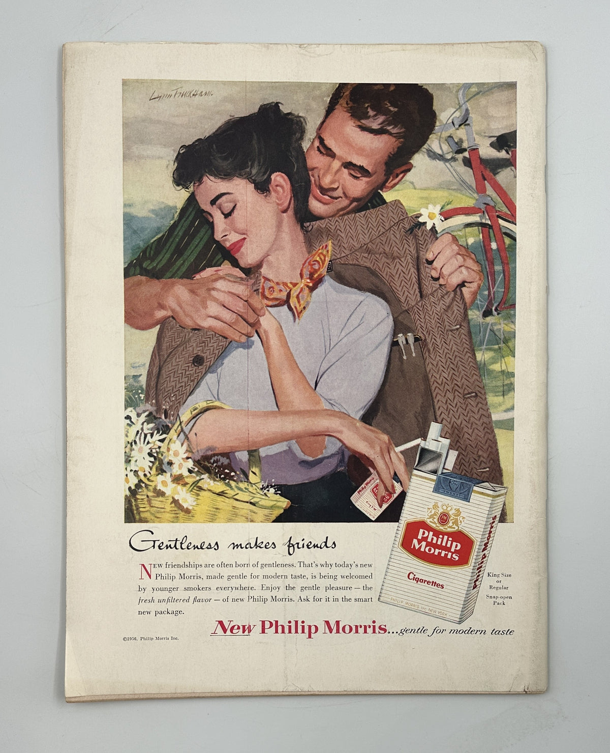 The New Yorker Magazine March 31, 1956 Rainy Bus Stop Hatboxes Christina Malman Cover, showing a vintage New Philip Morris cigarette advertisement with a smiling couple.