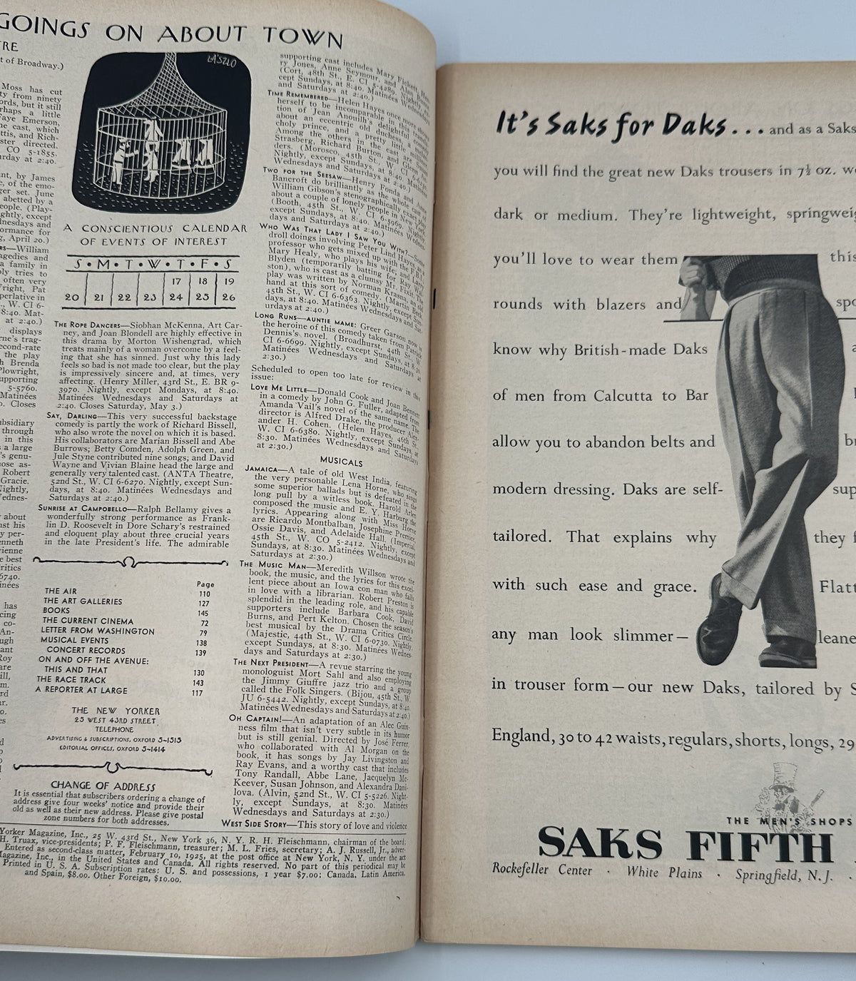 The New Yorker Magazine April 19, 1958 Suburban Spring Yardwork Charles Martin Cover VG, interior pages showing the Going on About Town listings and a Saks Fifth Avenue fashion advertisement.