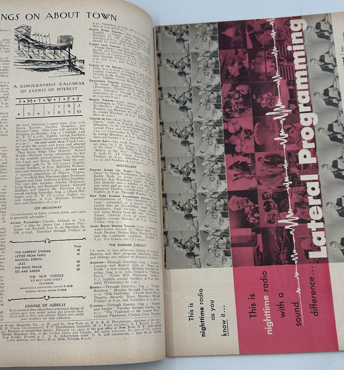The New Yorker Magazine August 3, 1957 Campfire Guitar Perry Barlow Cover VG, interior magazine spread showing listings, articles, and a vintage radio advertisement.