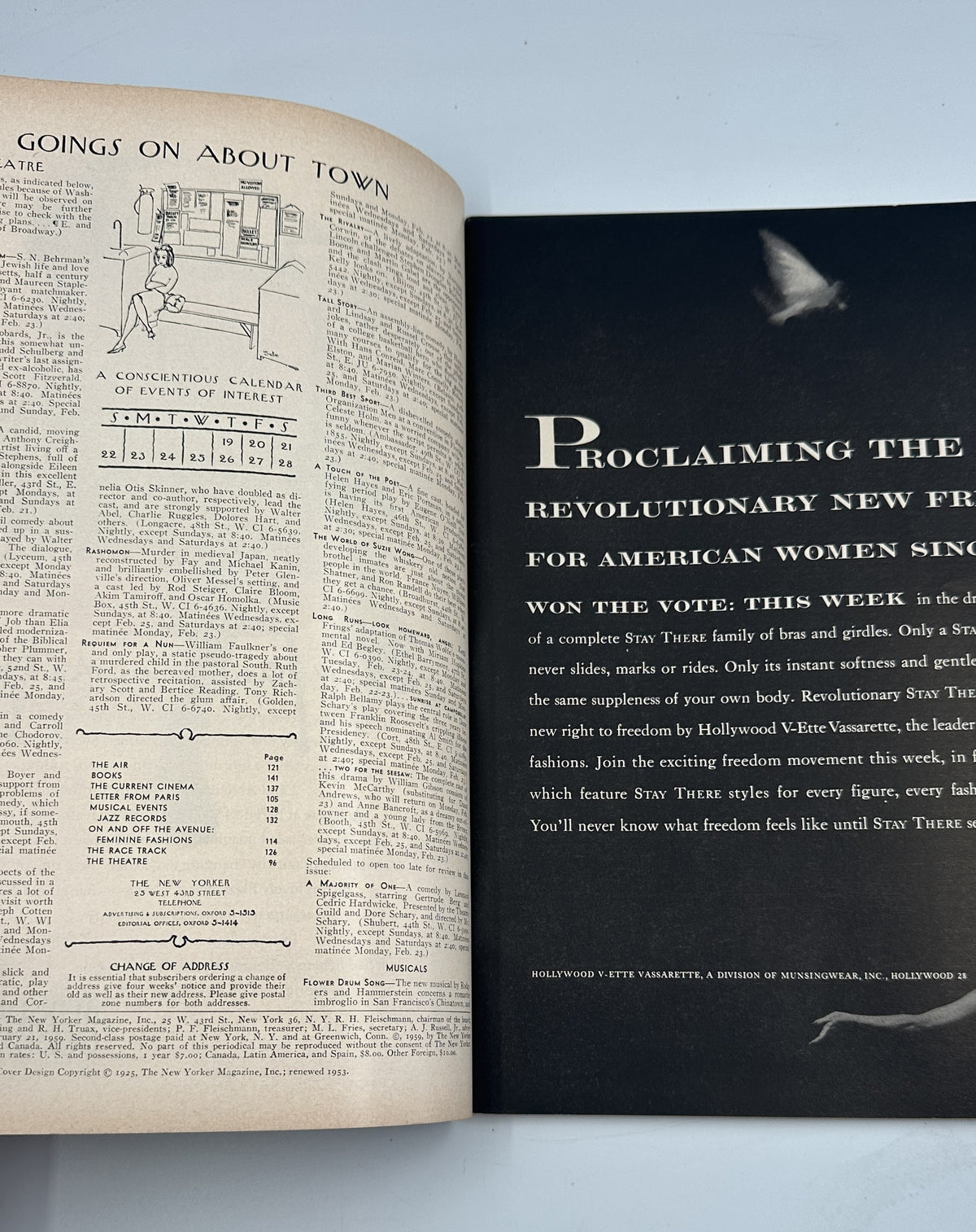 The New Yorker Magazine February 21, 1959 Top Hat Butterfly Rea Irvin Cover Art opened to an interior spread with the Going on About Town section and a vintage advertisement for revolutionary new fashion for American women.