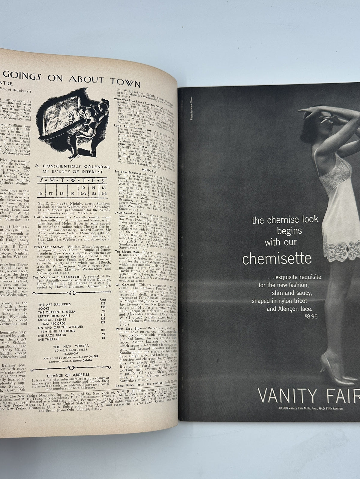 The New Yorker Magazine March 15, 1958 Mannequin Fashion Figure Abe Birnbaum Cover VG, open to a contents page beside a vintage Vanity Fair camisette advertisement.
