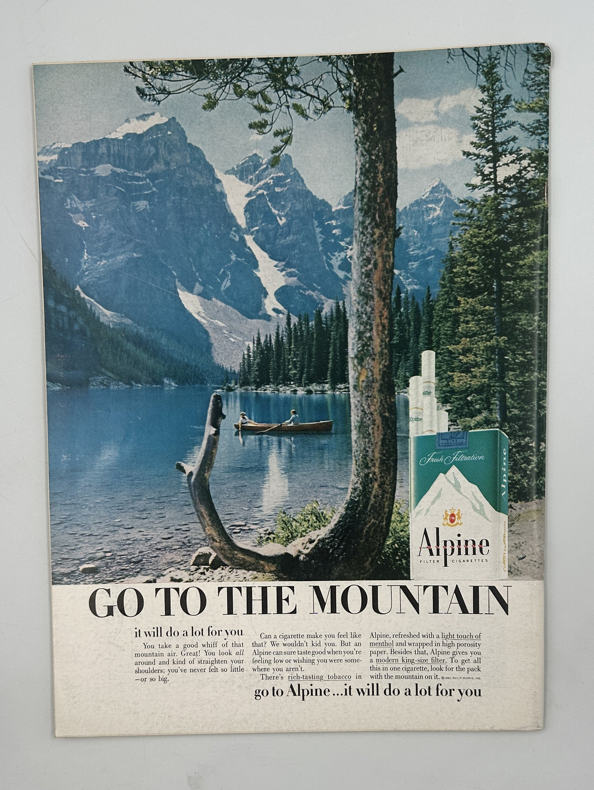 The New Yorker Magazine July 16, 1960 Postcard Rack Beach Sailing Beatrice Szanton Cover VG vintage magazine advertisement featuring a scenic mountain lake, forest, and Alpine travel imagery.