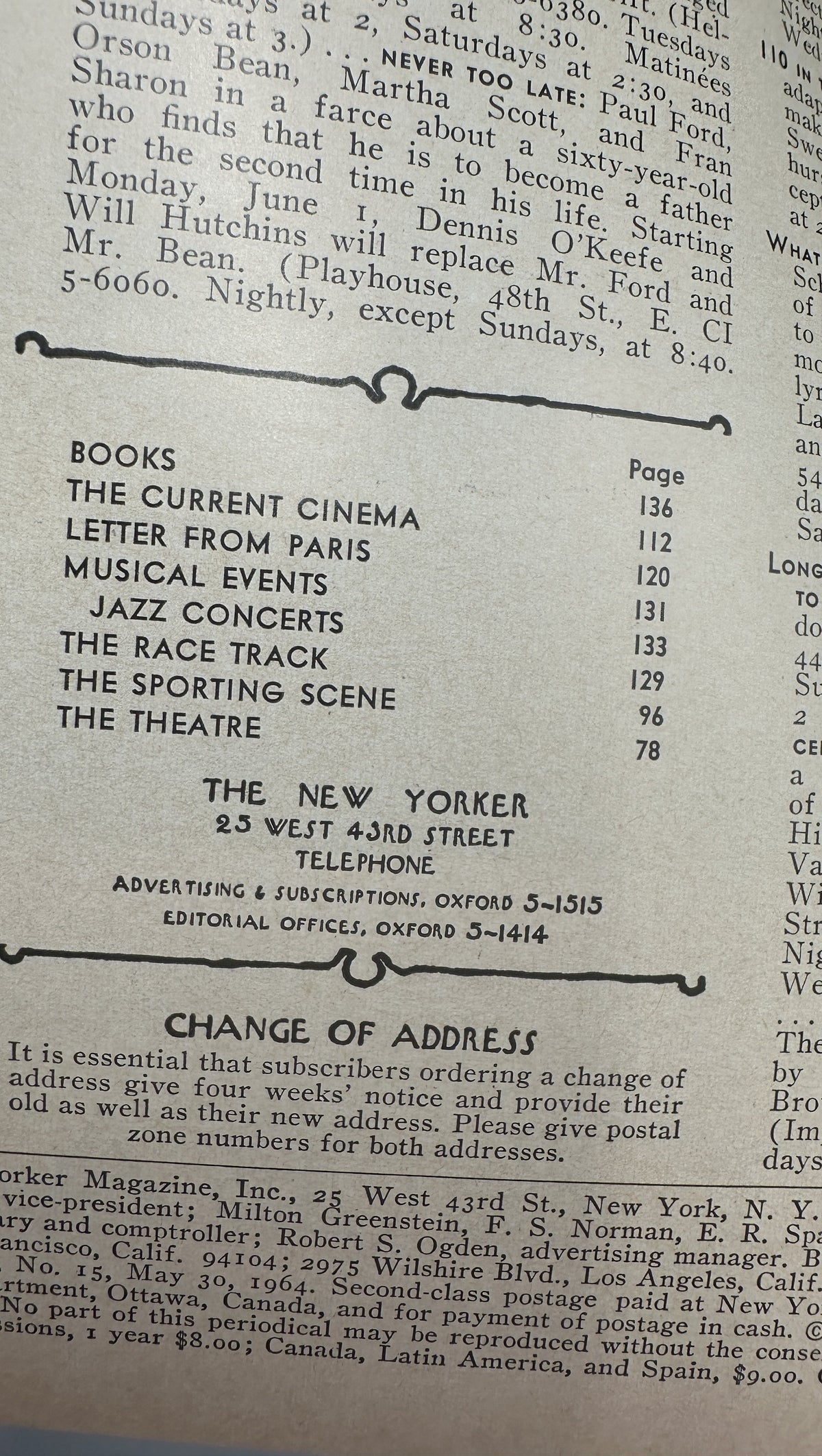 The New Yorker Magazine May 30, 1964 Night Restaurant Window Art Arthur Getz Cover VG, interior table of contents page listing books, cinema, Paris, musical events, jazz concerts, theater, and other features.