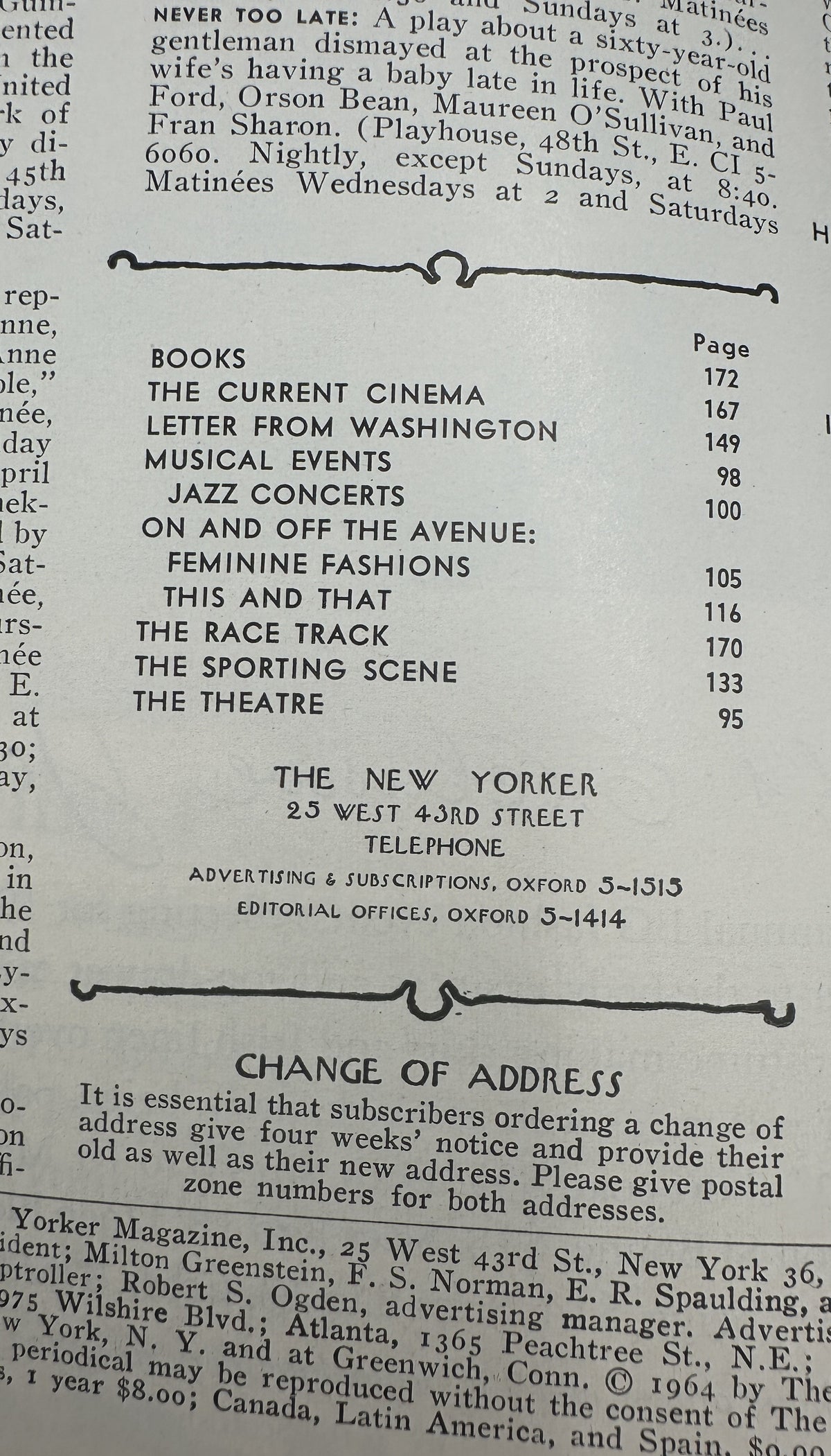 The New Yorker Magazine April 11, 1964 City Night Skyline Arthur Getz Cover VG, showing the printed table of contents with listings for books, cinema, Washington, music, fashion, sports, and theatre.