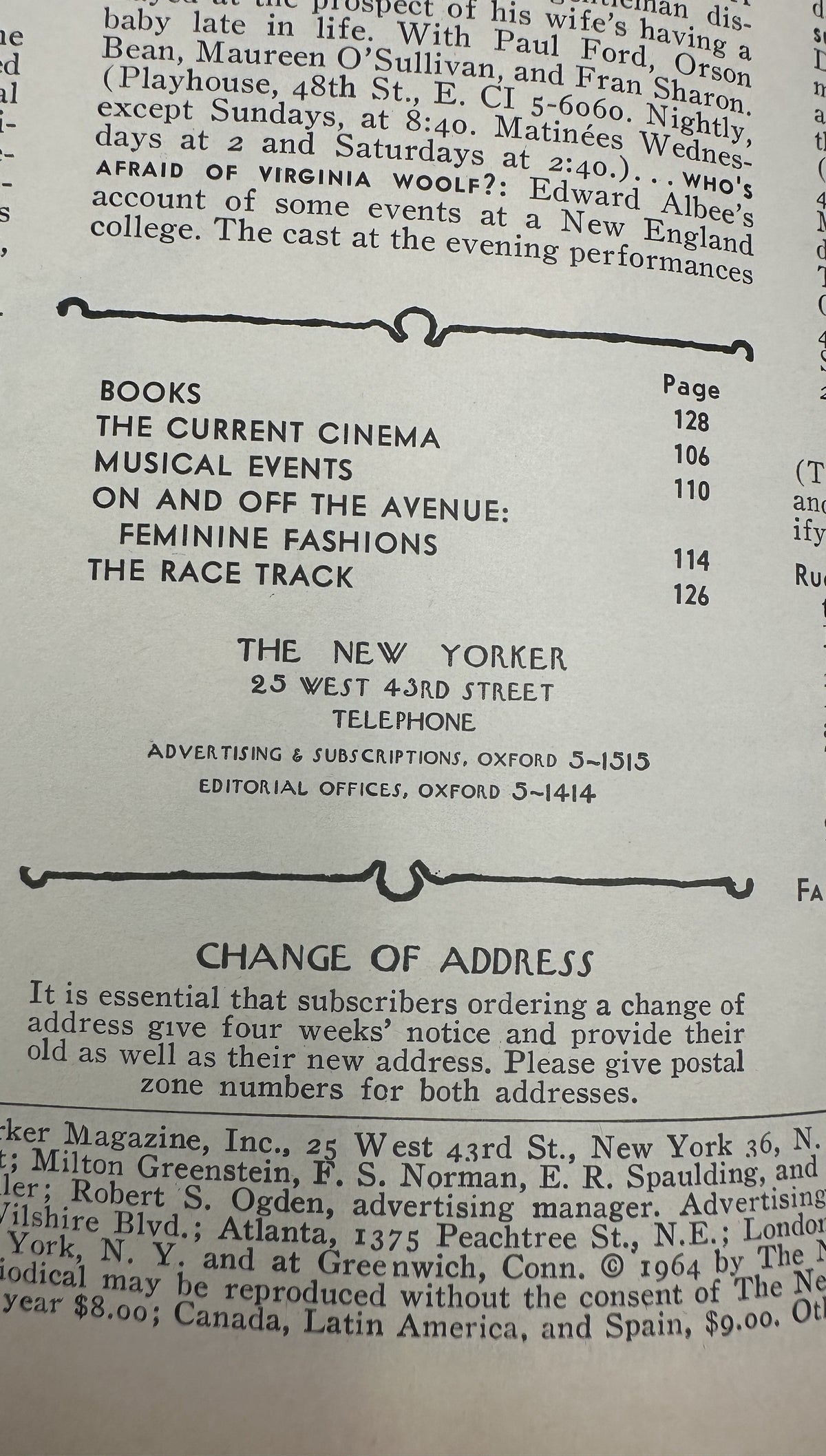 The New Yorker Magazine February 8, 1964 Birds Birdfeeder Abe Birnbaum Cover VG — interior page showing the table of contents, magazine departments, address change notice, and subscription information.