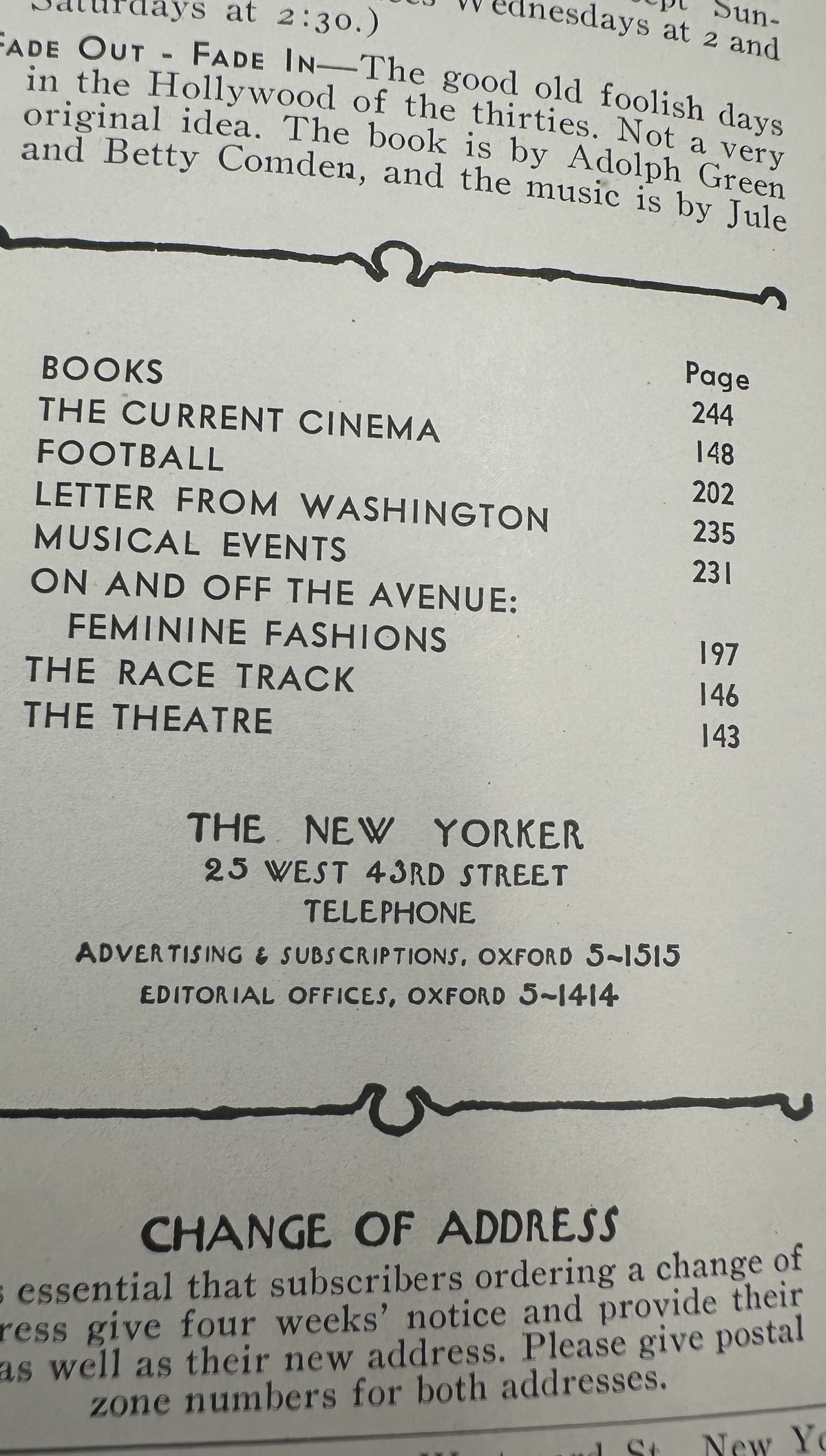 The New Yorker Magazine November 14, 1964 City Flags Building Arthur Getz Cover VG, table of contents page listing books, cinema, football, fashion, theater, and other articles.