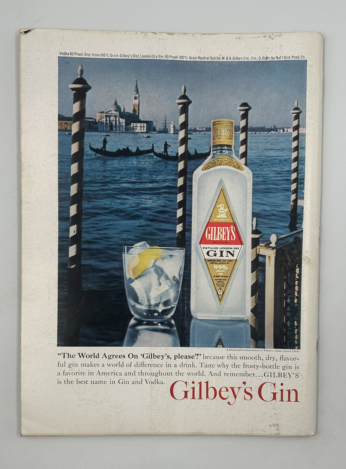 The New Yorker Magazine March 7, 1964 Art Gallery Museum Charles D. Saxon Cover VG featuring a vintage Gilbey's Gin advertisement with a Venetian canal, gondola, striped mooring posts, gin bottle, and cocktail glass