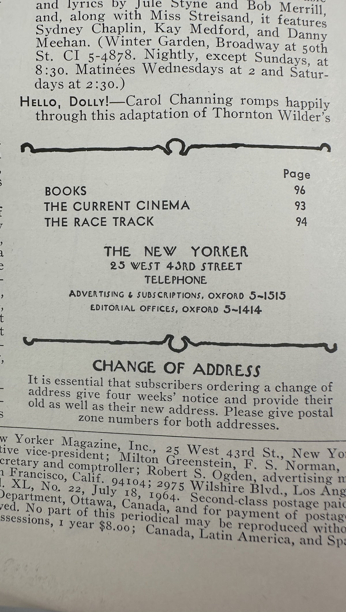 The New Yorker Magazine July 18, 1964 Summer Wildflowers Ilonka Karasz Cover VG interior page showing the table of contents, magazine contact information, and change-of-address notice.
