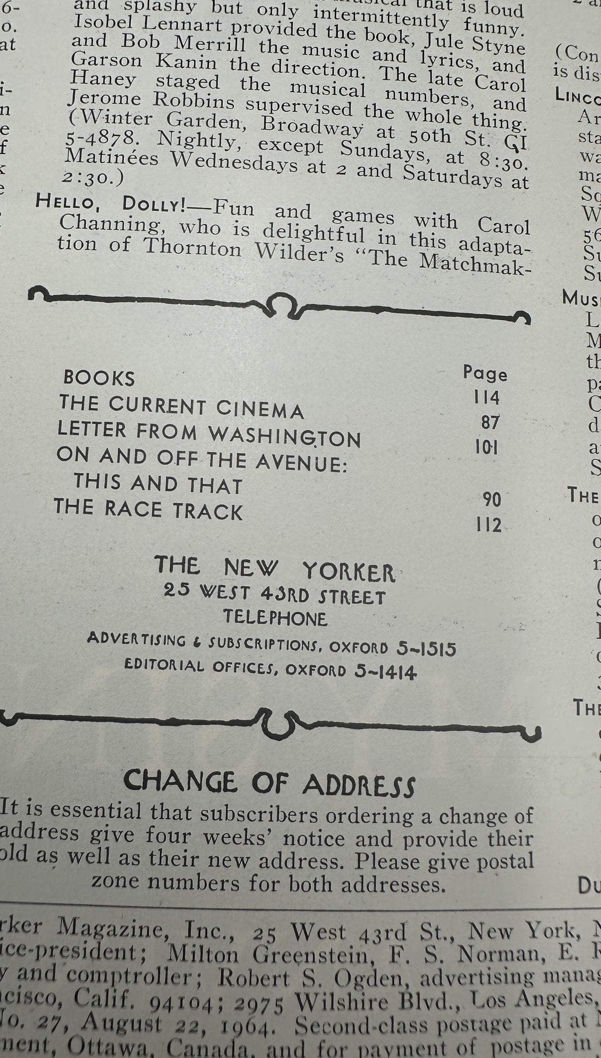 The New Yorker Magazine August 22, 1964 Convention Ticker Tape Abe Birnbaum Cover VG, showing the issue contents page with listings for Books, The Current Cinema, Letter from Washington, This and That, and The Race Track.