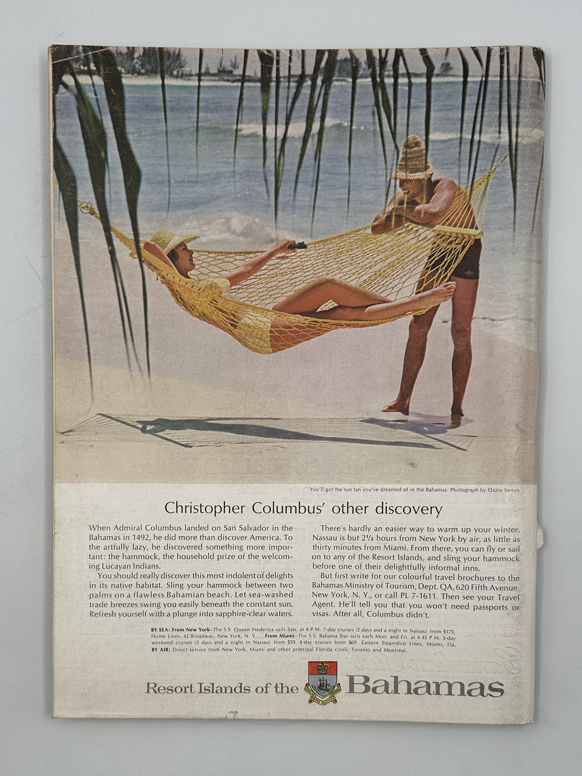 The New Yorker Magazine December 12, 1964 Beach Woman Art Charles D. Saxon Cover VG, featuring a vintage Bahamas resort advertisement with a woman relaxing in a hammock.