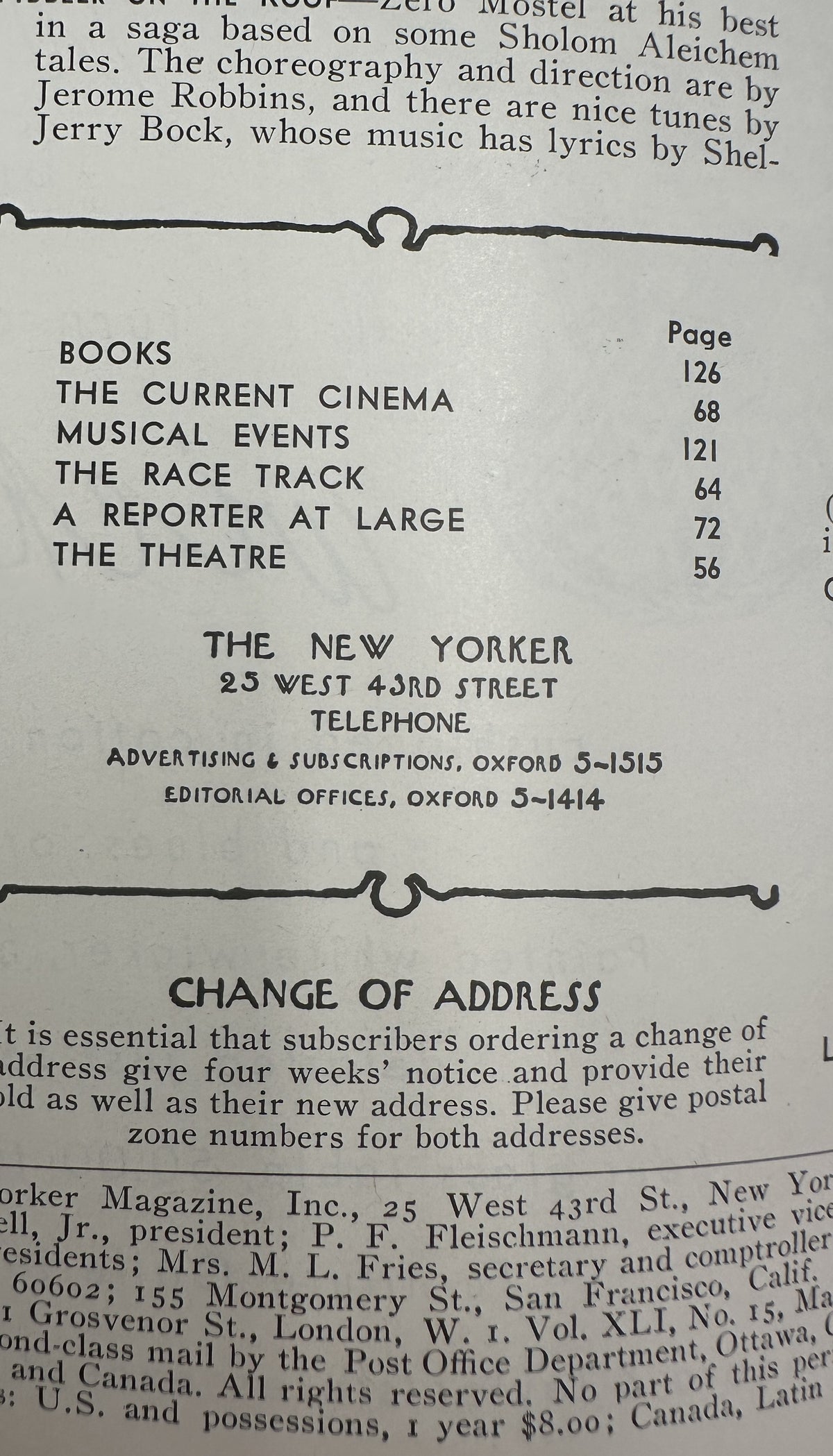 The New Yorker Magazine May 29, 1965 City Flags Abstract Arthur Getz Cover VG, showing the table of contents with listings for Books, The Current Cinema, Musical Events, The Race Track, A Reporter at Large, and The Theatre.
