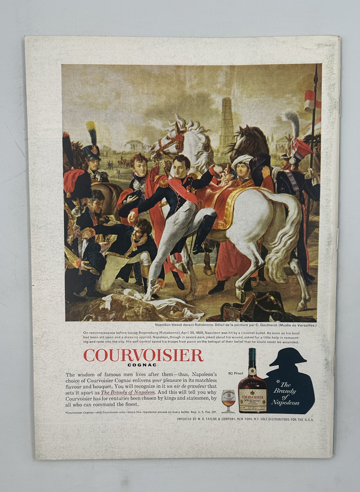 The New Yorker Magazine May 29, 1965 City Flags Abstract Arthur Getz Cover VG, featuring a vintage Courvoisier cognac advertisement with a historical battle scene, mounted riders, and a Courvoisier bottle.