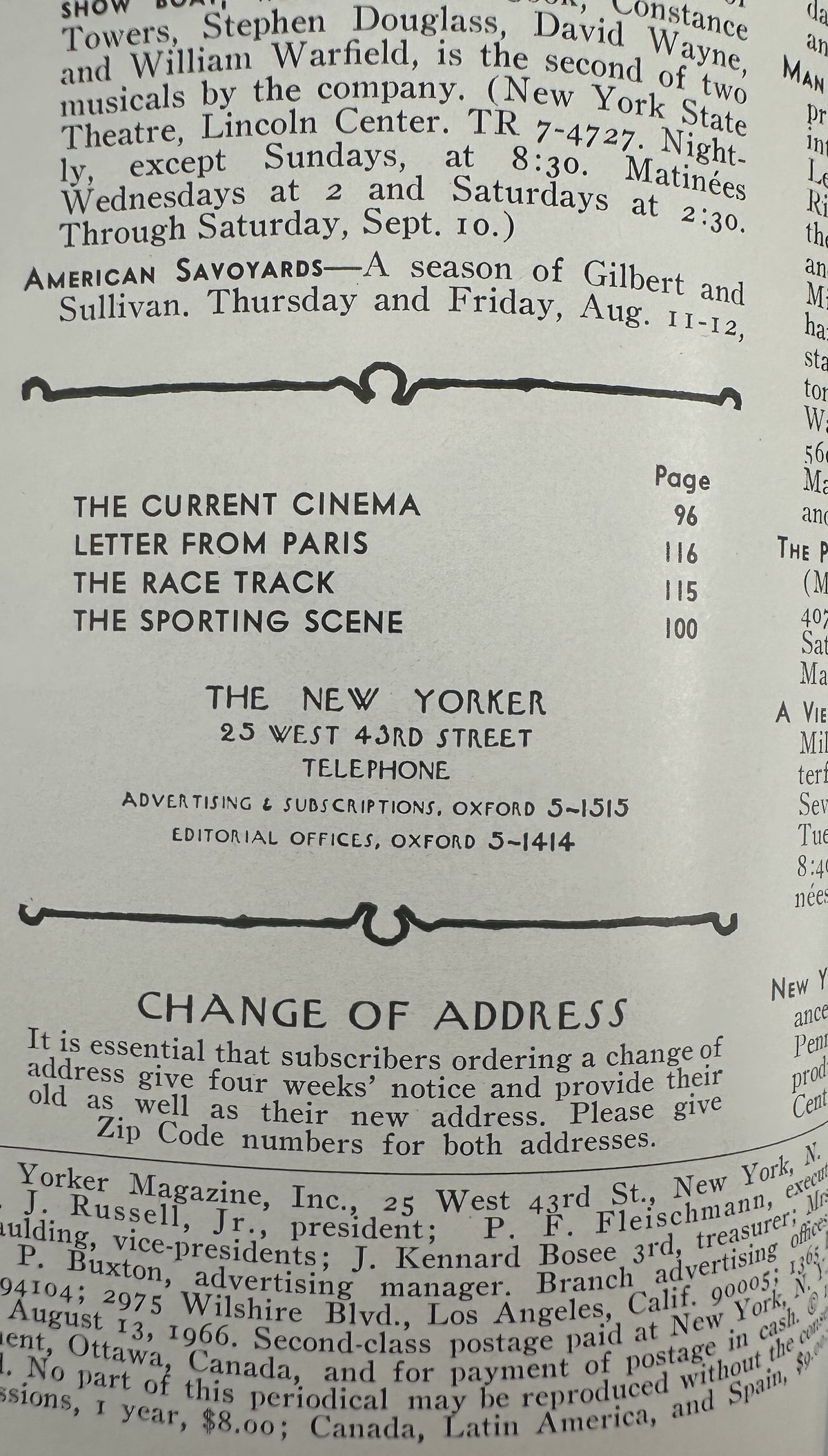 The New Yorker Magazine August 13, 1966 Cathedral Paris Anatol Kovarsky Cover VG, showing the printed table of contents and magazine publication information
