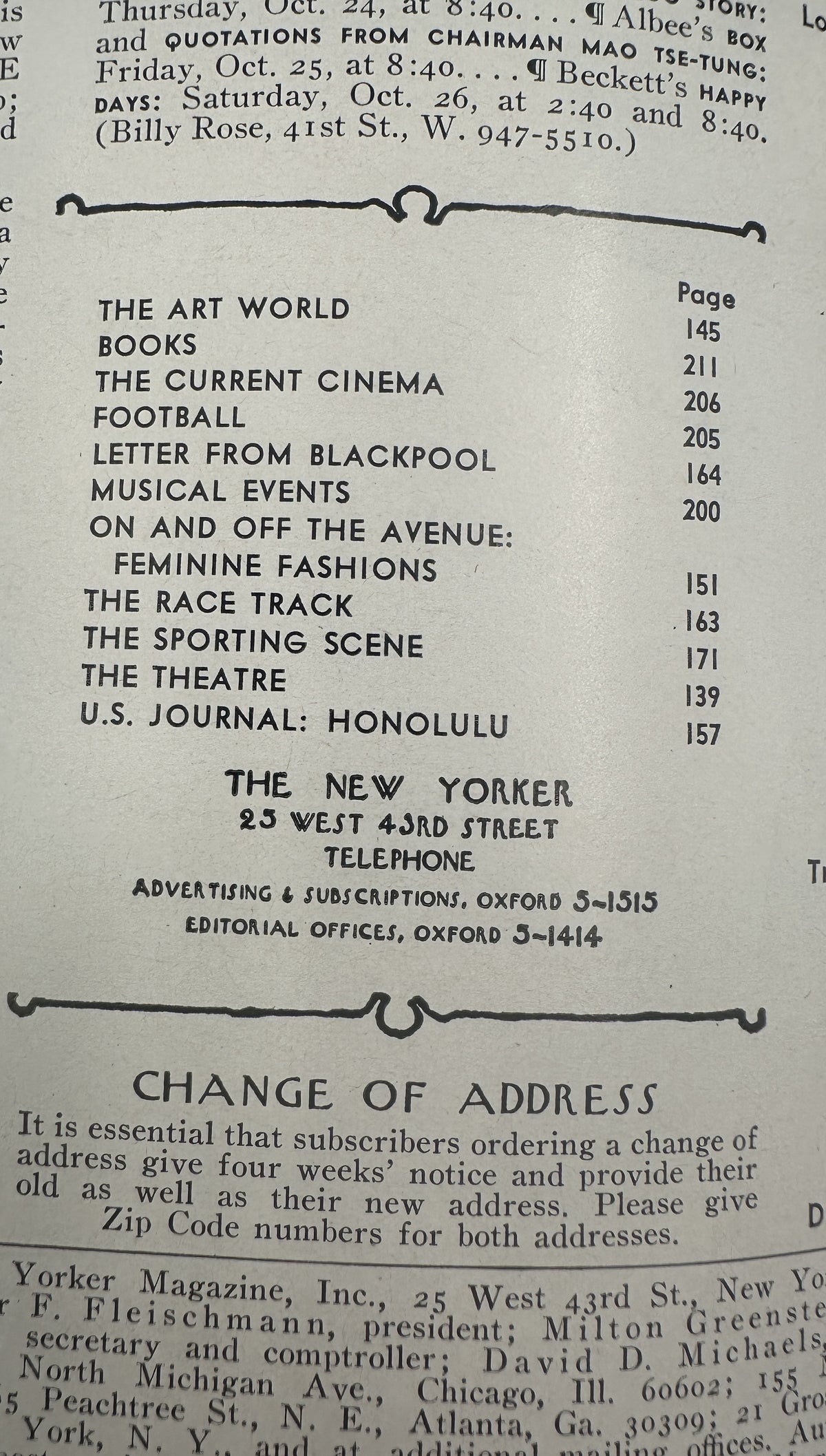 The New Yorker Magazine October 26, 1968 Halloween Pumpkin Art Charles Martin Cover VG, showing the table of contents and change of address page.
