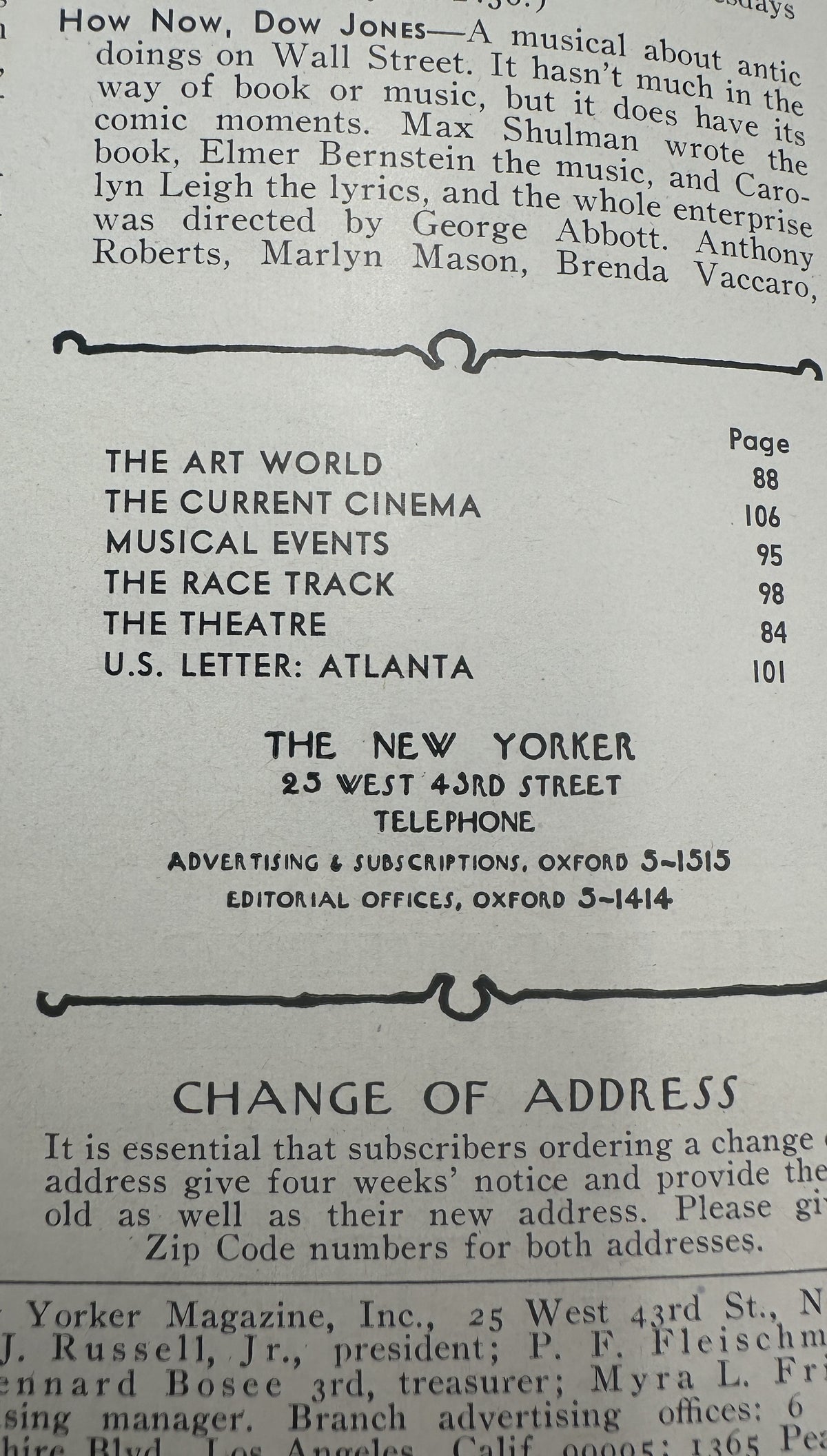 The New Yorker Magazine January 27, 1968 Snow Park James Stevenson Cover VG, interior page showing the table of contents and New Yorker address information.