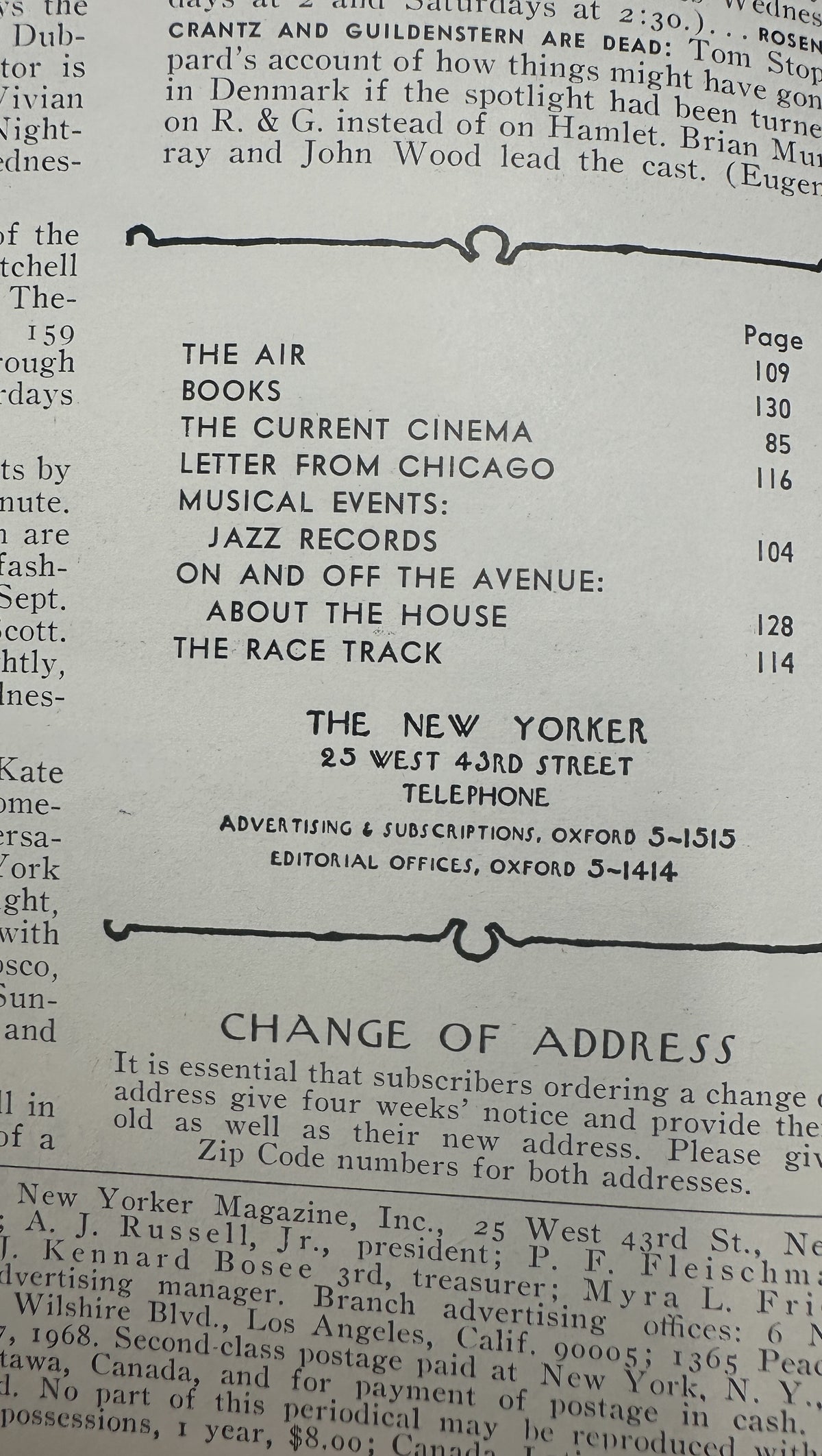 The New Yorker Magazine September 7, 1968 Antiques Charles Martin Cover VG, interior table of contents page listing features including The Air, Books, The Current Cinema, Letter from Chicago, Jazz Records, About the House, and The Race Track.