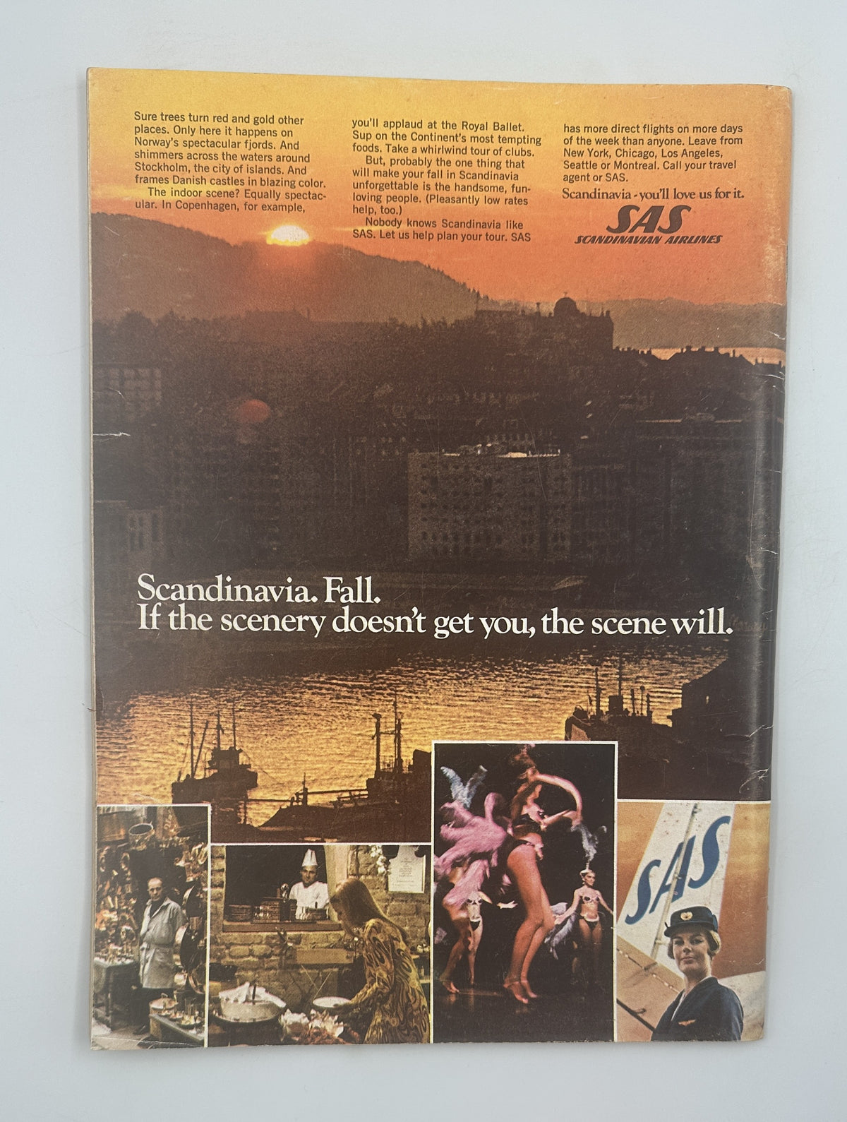 The New Yorker Magazine September 7, 1968 Antiques Charles Martin Cover VG, back cover featuring a scenic Scandinavian sunset advertisement for SAS Scandinavian Airlines with travel photography.