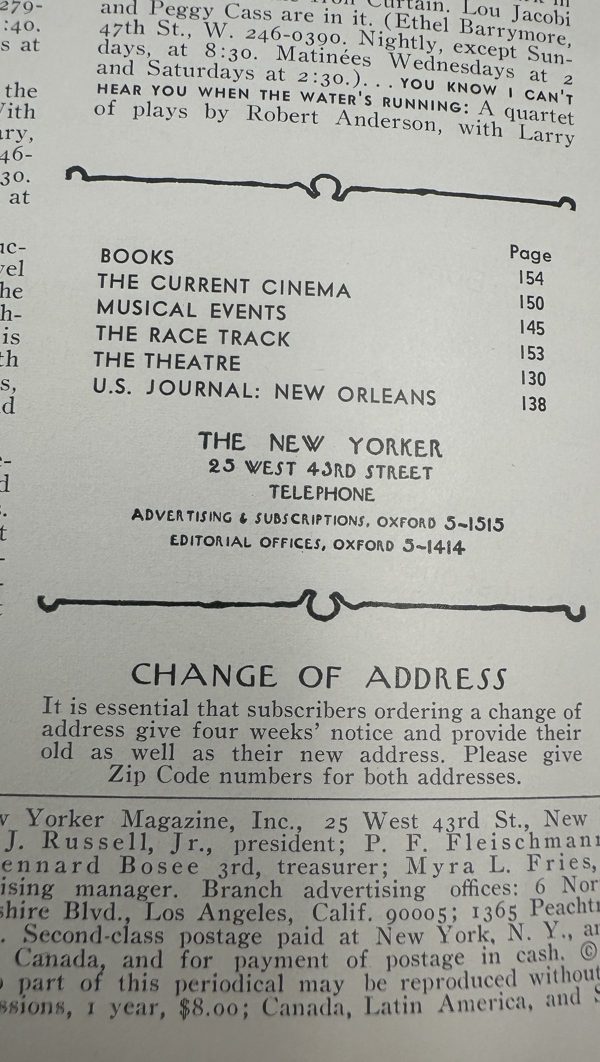 The New Yorker Magazine March 9, 1968 Art Gallery Arthur Getz Cover VG, showing the printed table of contents, magazine departments, publication information, and change of address notice.