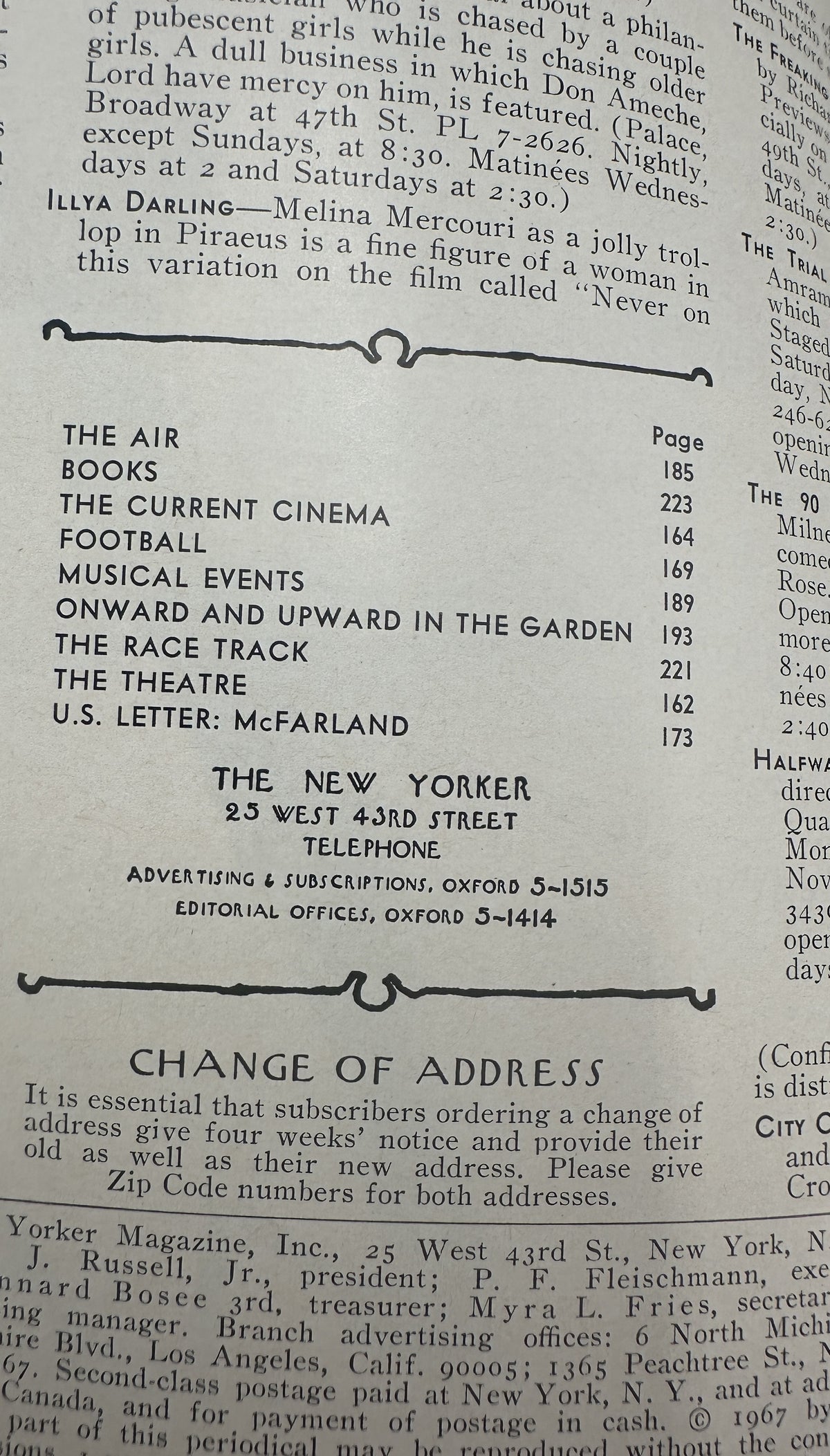 The New Yorker Magazine November 4, 1967 Demolition Art Peter Arno Cover VG showing the table of contents and change-of-address page with sections including The Air, Books, Football, Musical Events, and The Theatre.