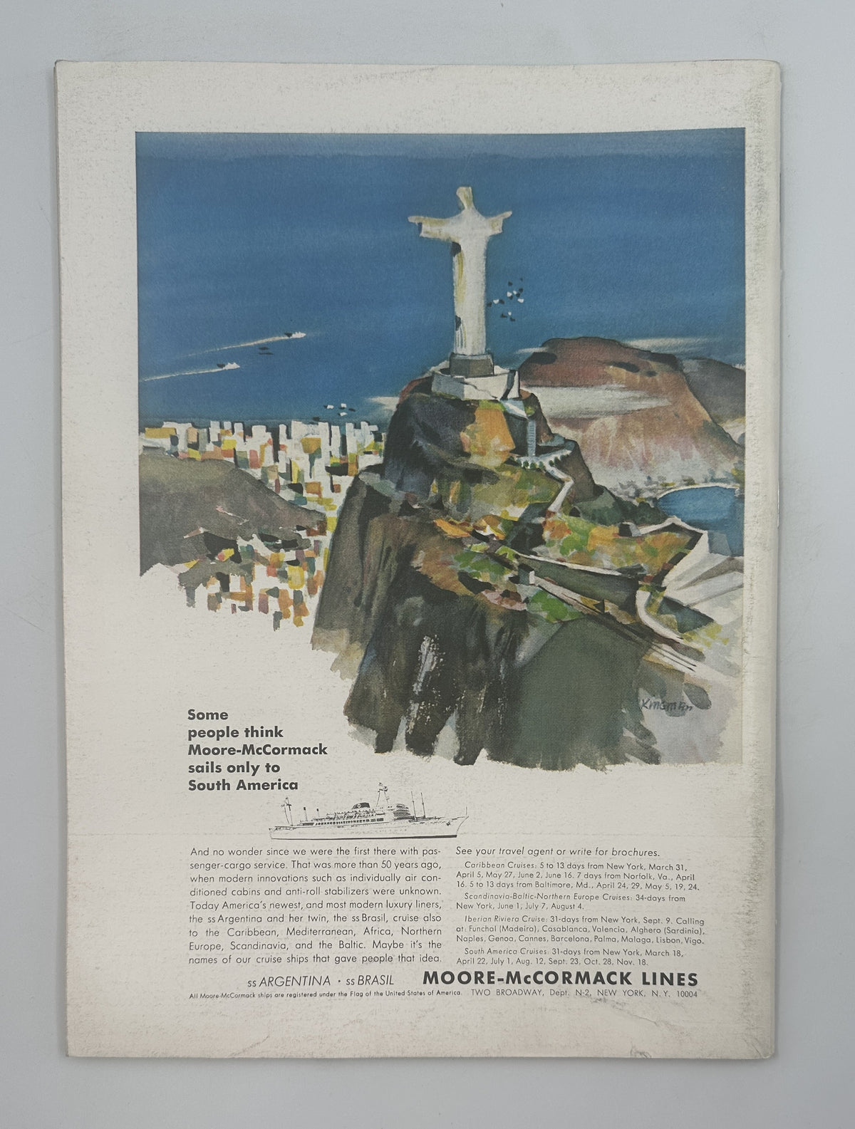 The New Yorker Magazine February 26, 1966 Top Hat Butterfly Rea Irvin Cover VG, featuring a vintage Morel-McCormack Lines travel advertisement depicting a coastal South American city and landmark statue.