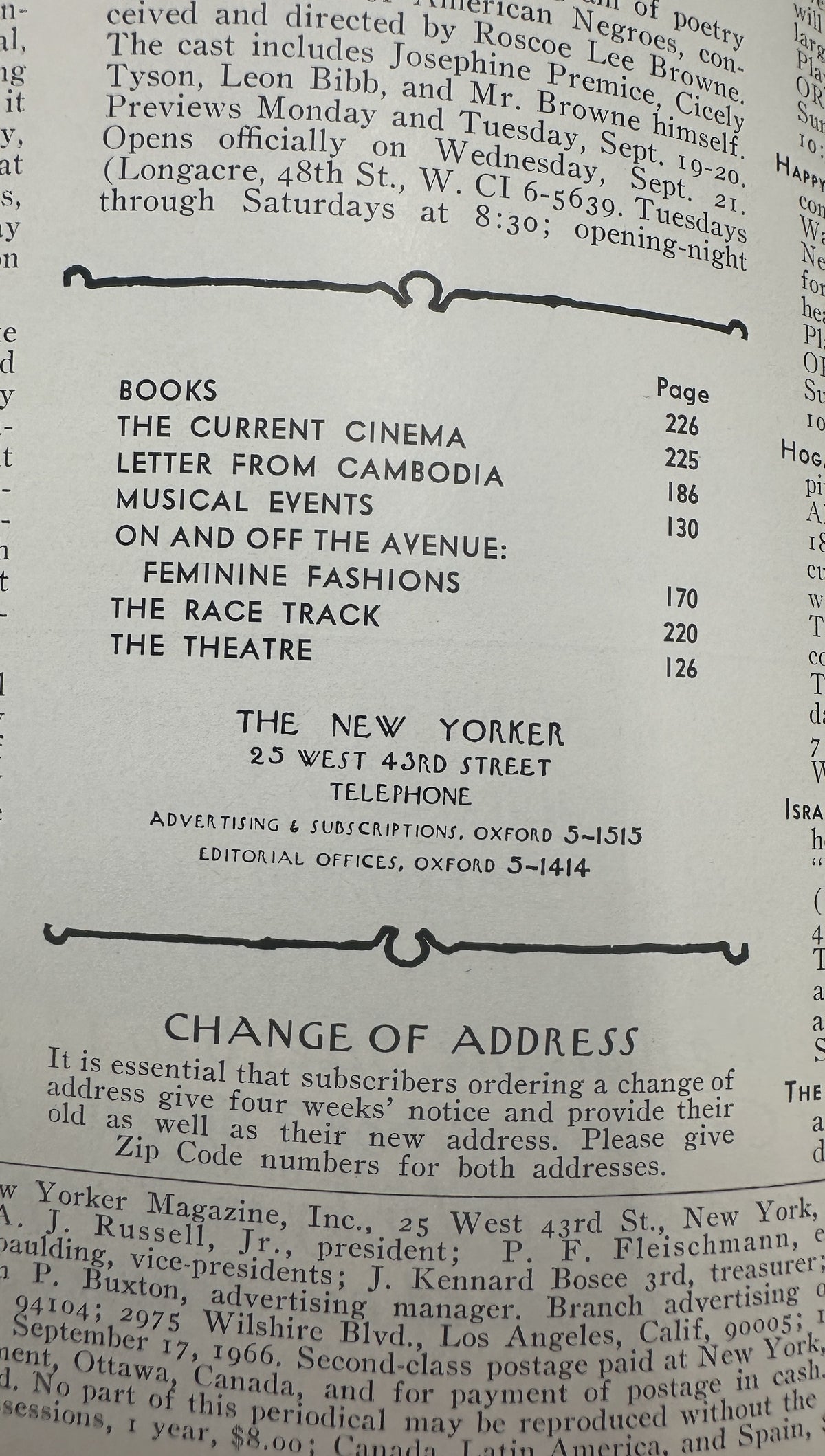 The New Yorker Magazine September 17, 1966 Postcards Saul Steinberg Cover VG, showing the printed table of contents and change of address notice inside the vintage issue.
