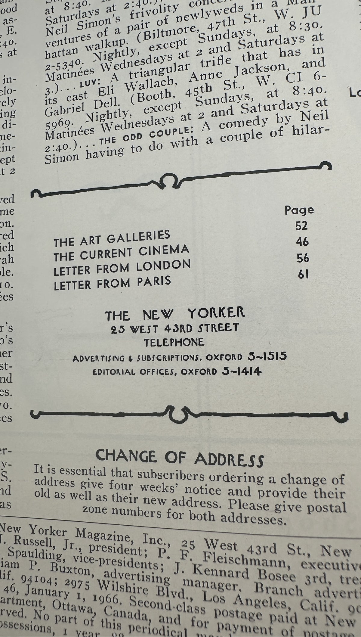 The New Yorker Magazine January 1, 1966 New Year Clock Confetti Abe Birnbaum Cover VG, showing the printed table of contents with The Art Galleries, The Current Cinema, Letter from London, and Letter from Paris.