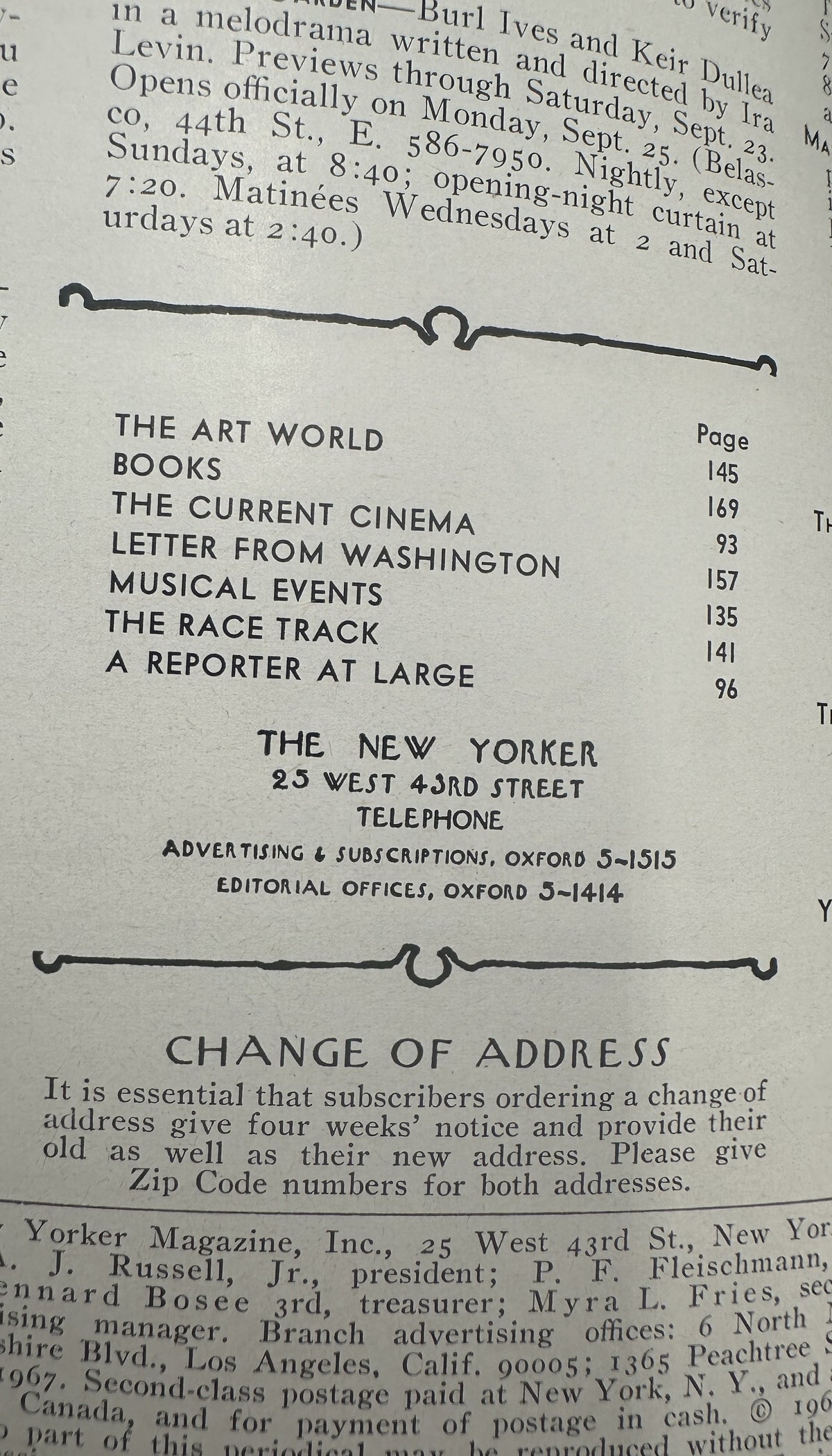 The New Yorker Magazine September 23, 1967 Night Clock Moon André François Cover, showing the issue's table of contents and Change of Address page.