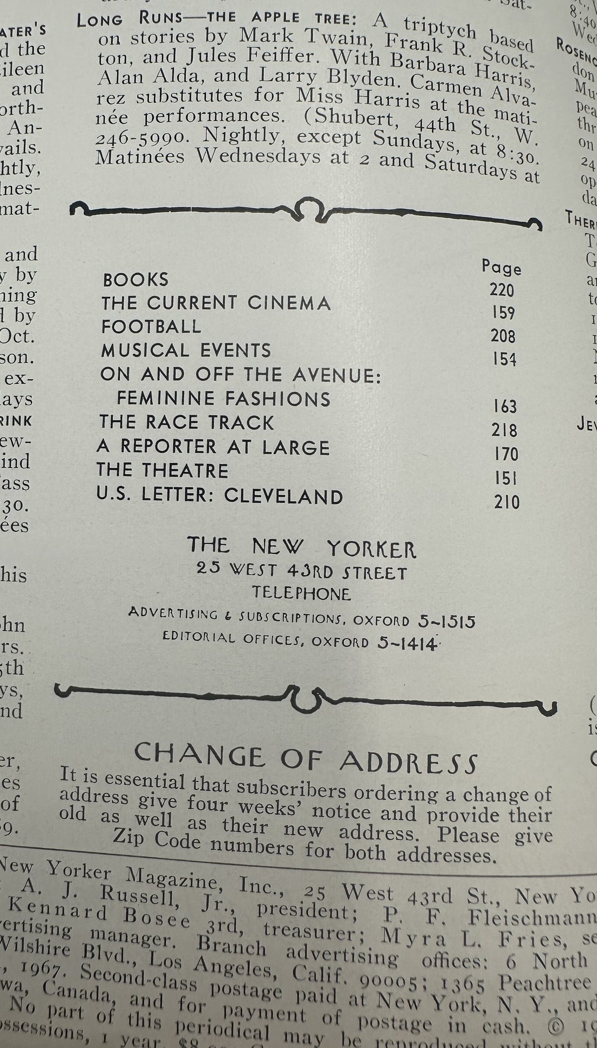 The New Yorker Magazine October 14, 1967 Leaf Raking William Steig Cover table of contents page featuring listings for books, cinema, football, musical events, fashion, horse racing, theater, and Cleveland letter