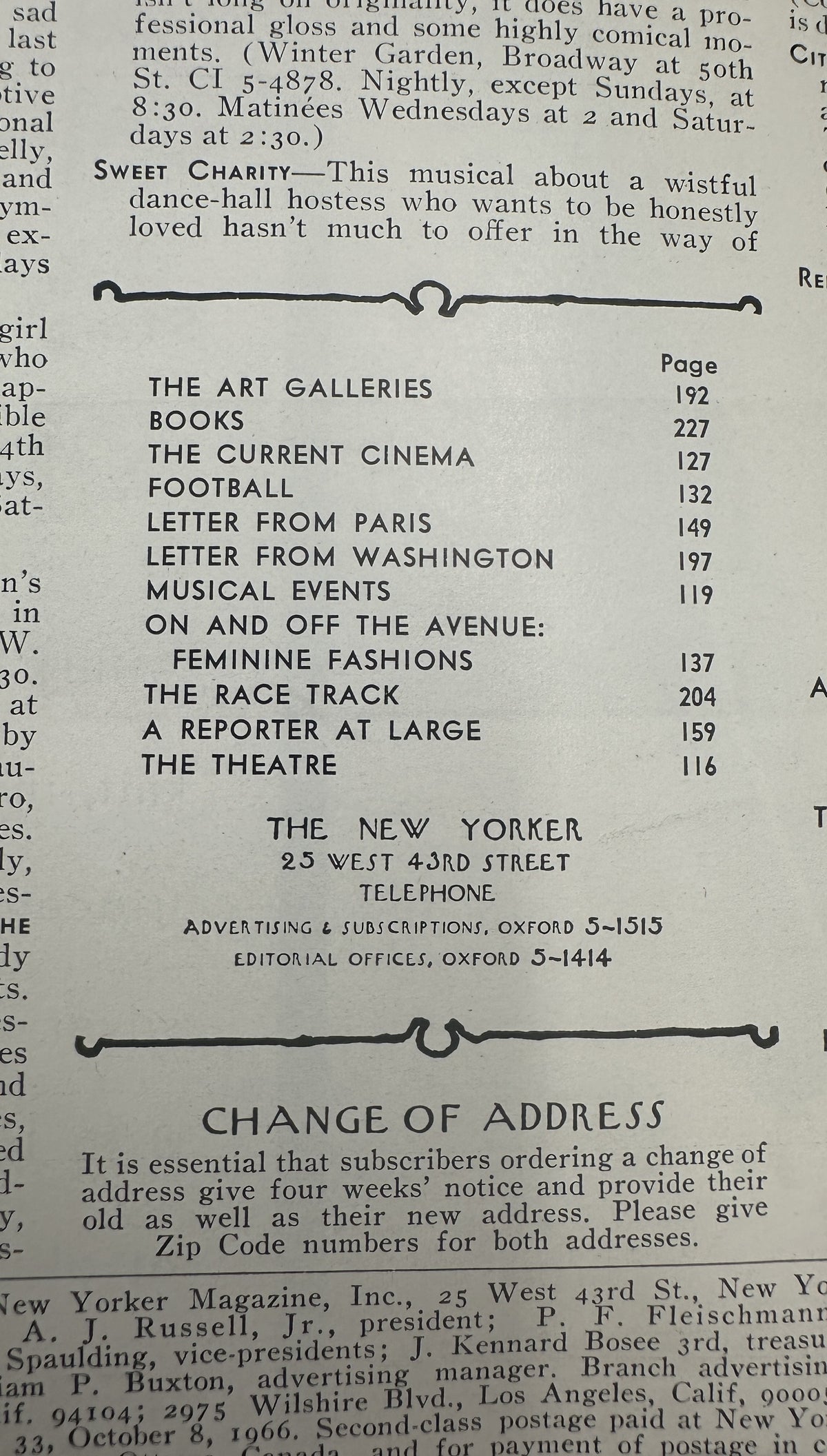 The New Yorker Magazine October 8, 1966 Fall Leaf Autumn Abe Birnbaum Cover, showing the table of contents and change of address page.