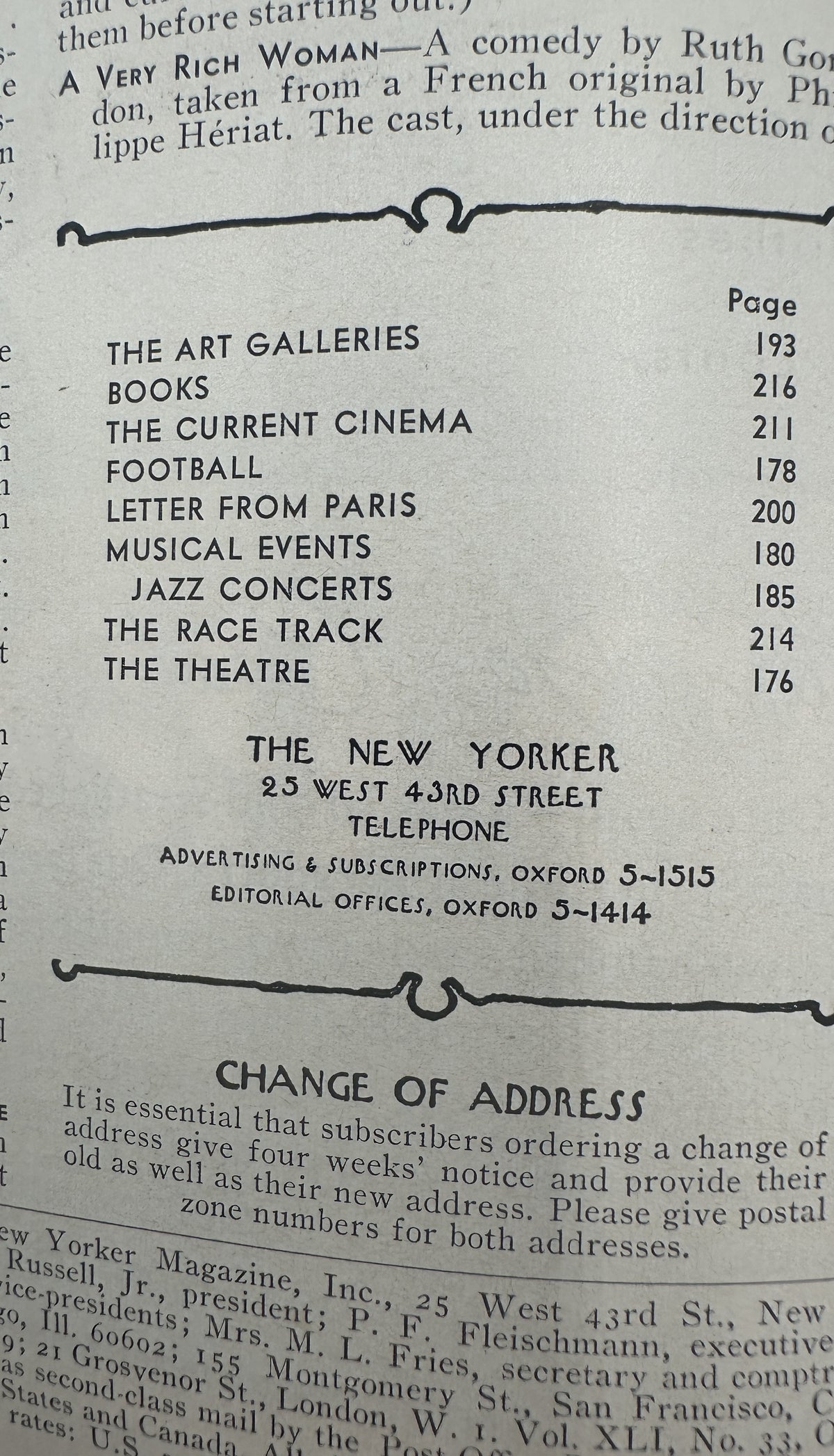 The New Yorker Magazine October 2, 1965 Harbor Rowboats Donald Higgins Cover, showing the table of contents with listings for art galleries, books, cinema, football, Paris, musical events, jazz concerts, horse racing, and theatre.