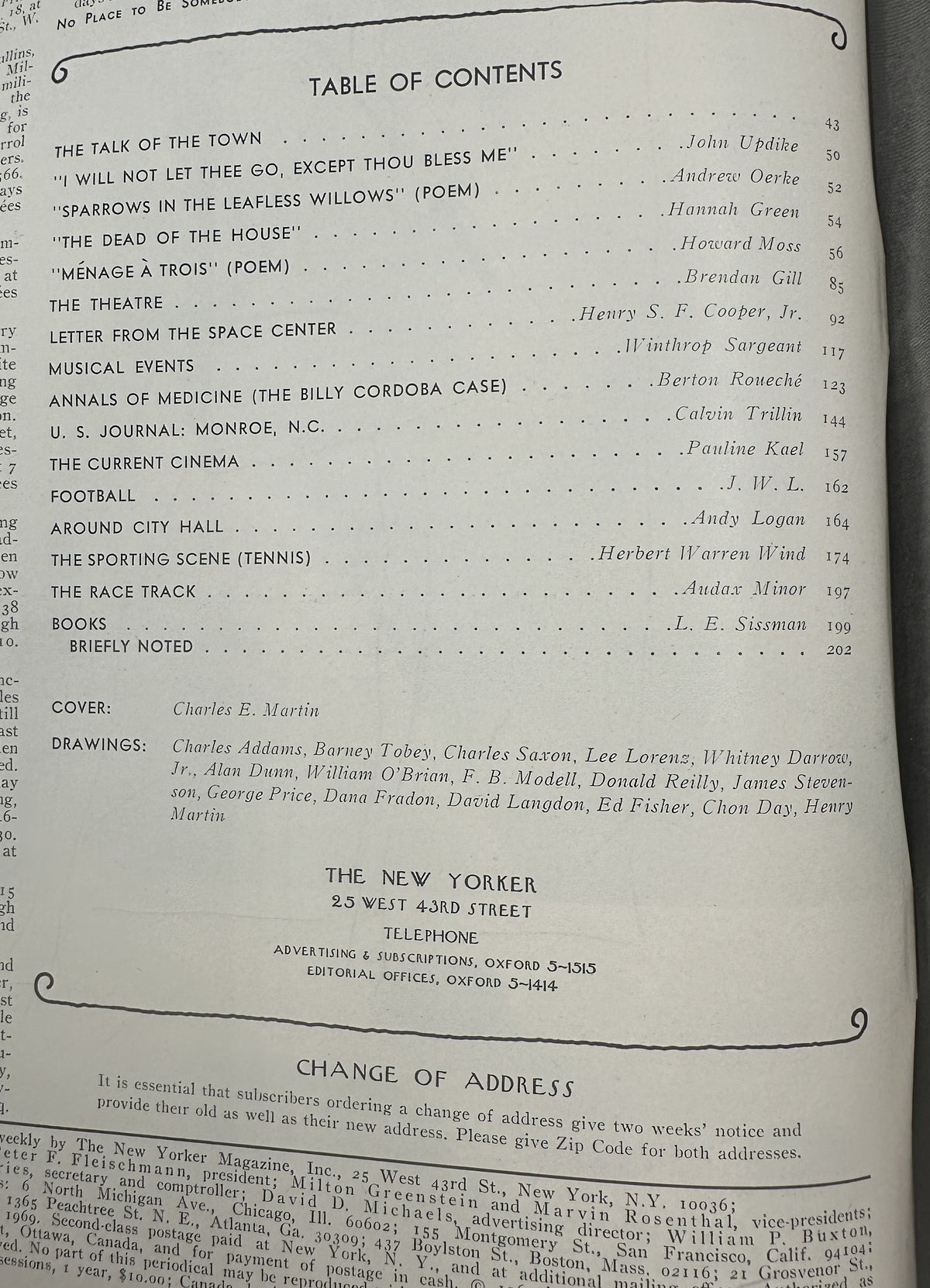 The New Yorker Magazine October 11, 1969 Patchwork Leaves Charles E. Martin Cover, showing the issue's Table of Contents and contributor listings.