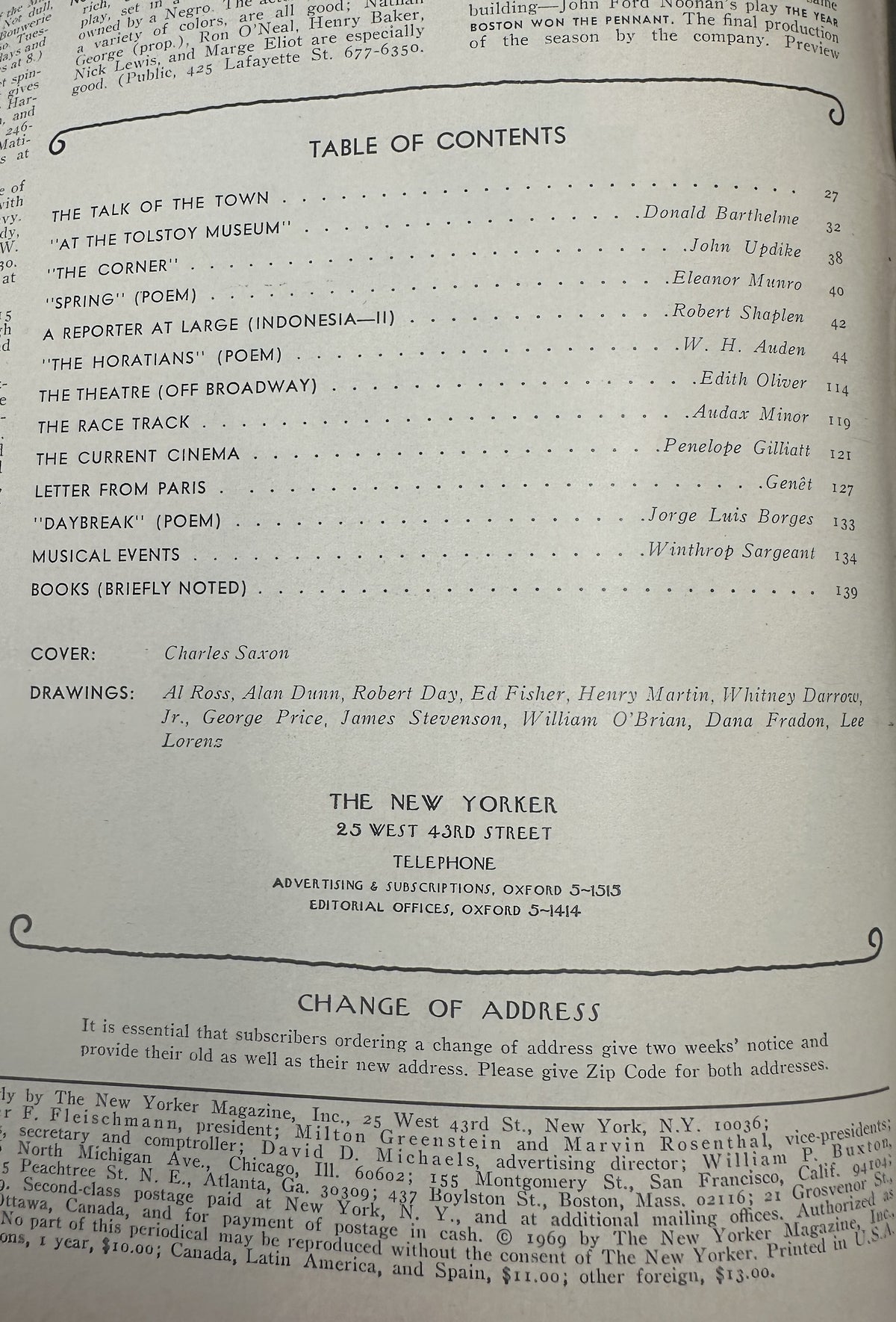 The New Yorker Magazine May 24, 1969 Statues Charles Saxon Cover showing the printed table of contents, contributor listings, cover credit to Charles Saxon, and magazine publication information.