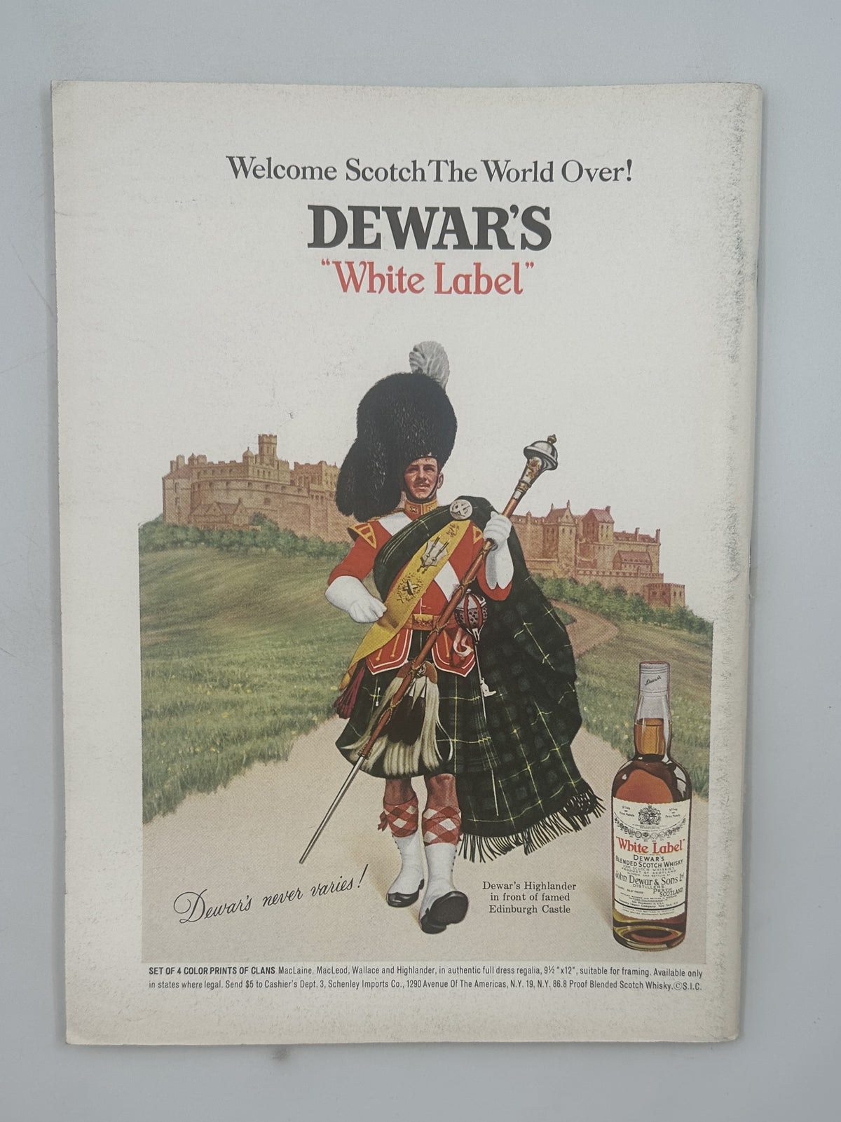 The New Yorker Magazine March 15, 1969 Irish Parade Anatol Kovarsky Cover vintage Dewar's White Label Scotch whisky advertisement featuring a Scottish bagpiper, castle, and bottle