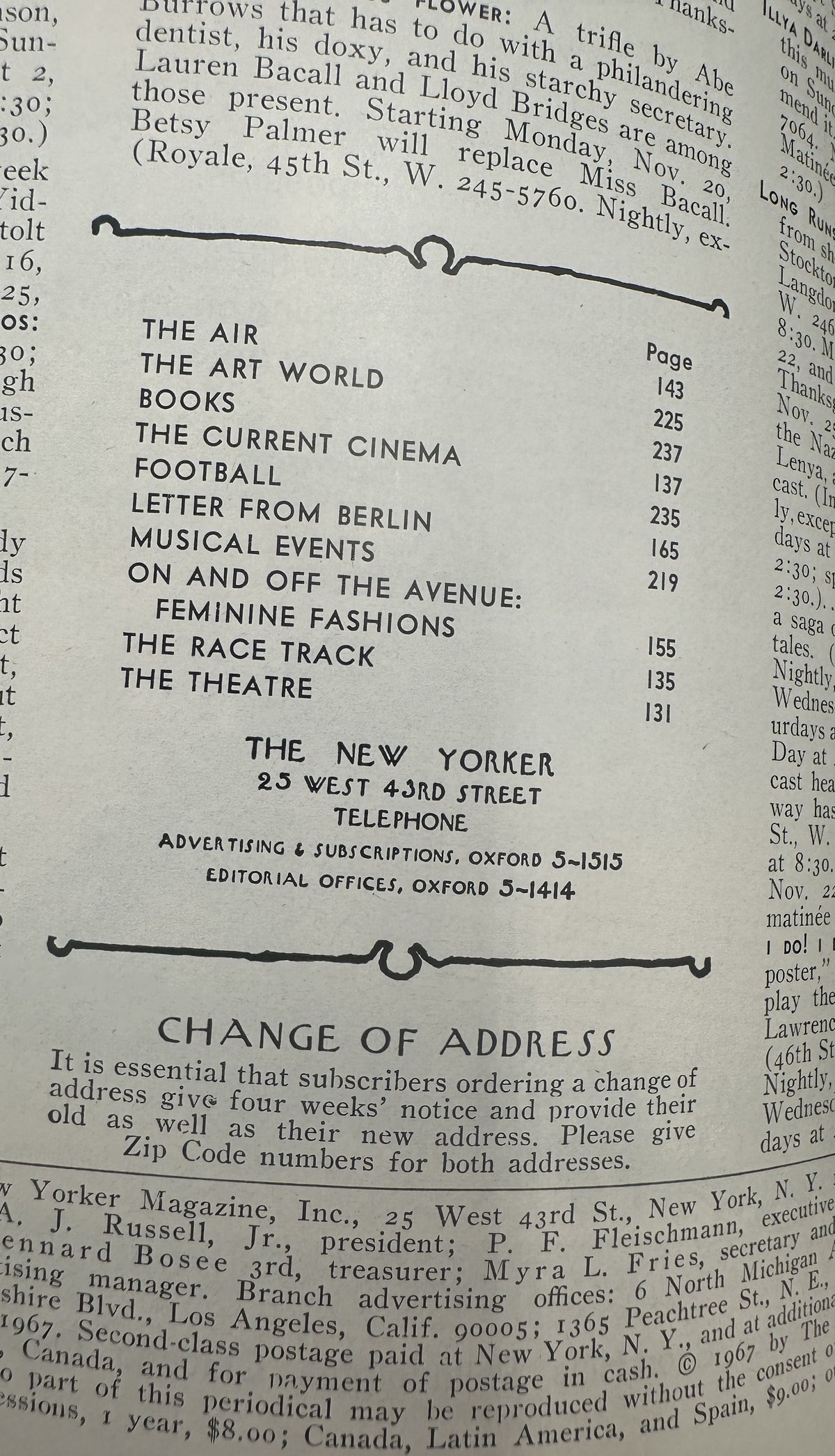 The New Yorker Magazine November 18, 1967 Antiques Shop Charles Martin Cover showing the table of contents and magazine publication information