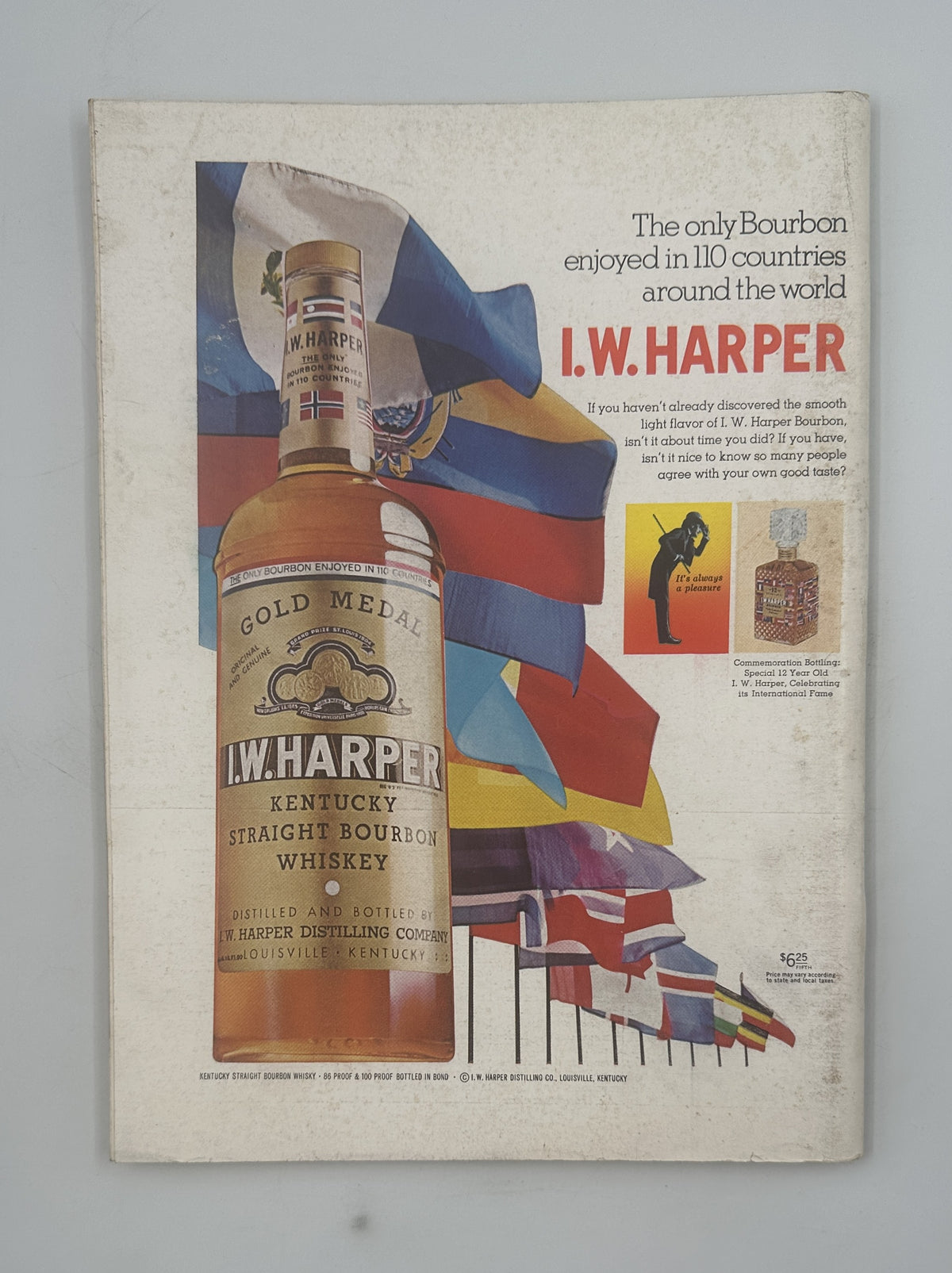 The New Yorker Magazine November 18, 1967 Antiques Shop Charles Martin Cover featuring a vintage I.W. Harper bourbon whiskey advertisement with a colorful world flags design