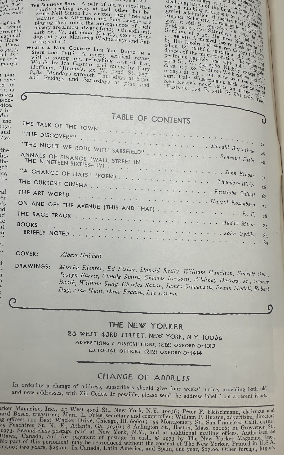 The New Yorker Magazine August 20, 1973 Beach Albert Hubbell Cover VG interior table of contents page featuring articles, poems, reviews, and contributor listings
