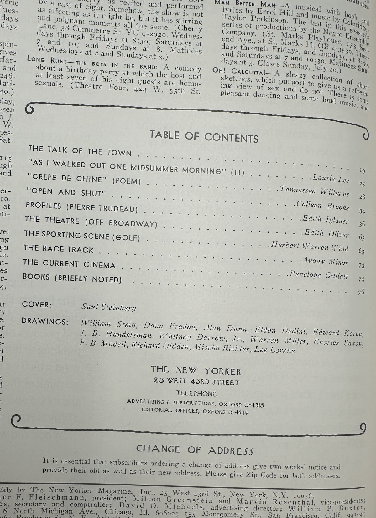 The New Yorker Magazine July 5, 1969 Pencil Math Saul Steinberg Cover VG, showing the printed table of contents with articles, profiles, theater, sports, cinema, books, cover, and drawings listings.