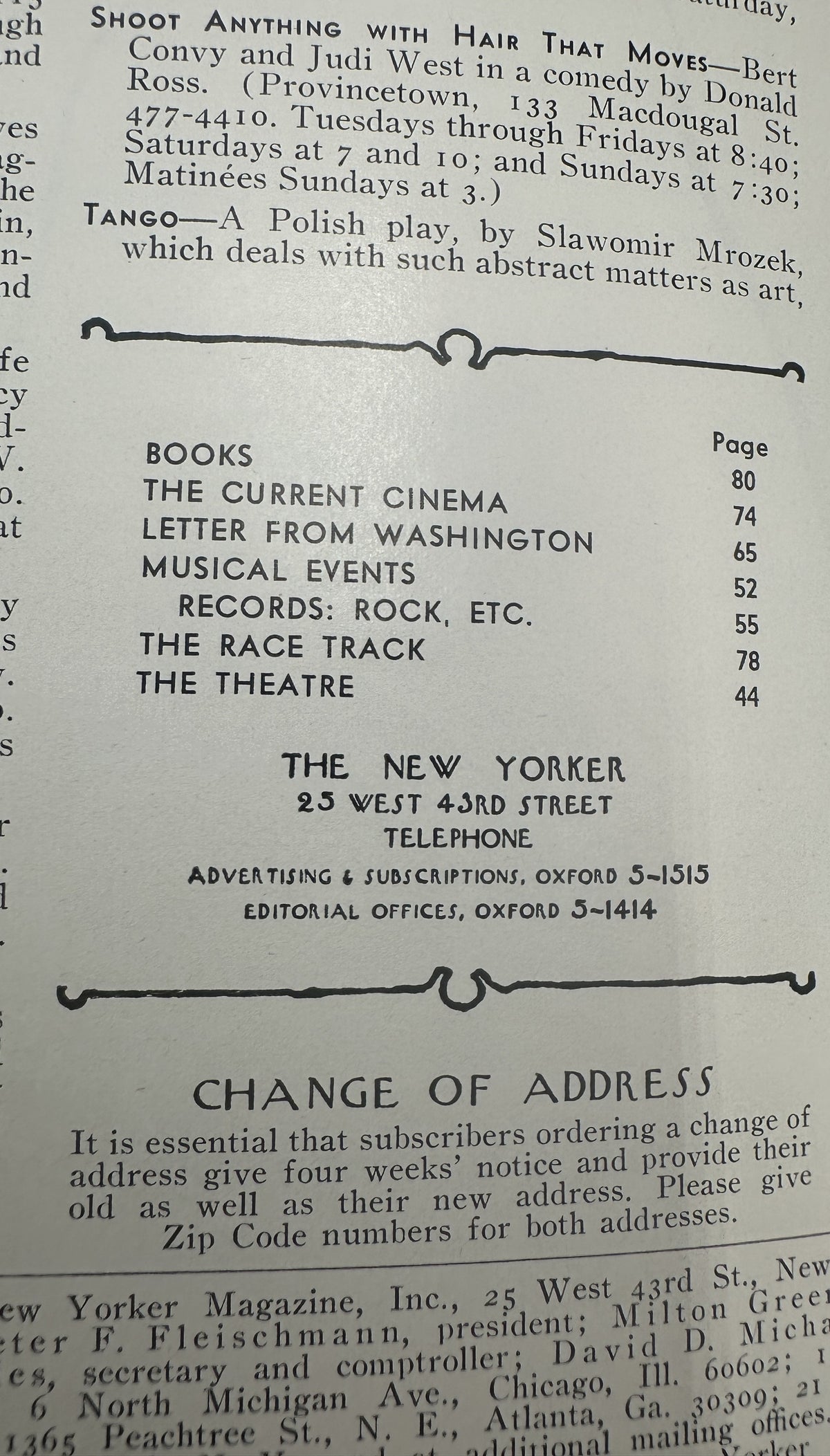 The New Yorker Magazine February 1, 1969 Museum Facade Charles E. Martin Cover VG, interior page showing the table of contents and New Yorker address information.
