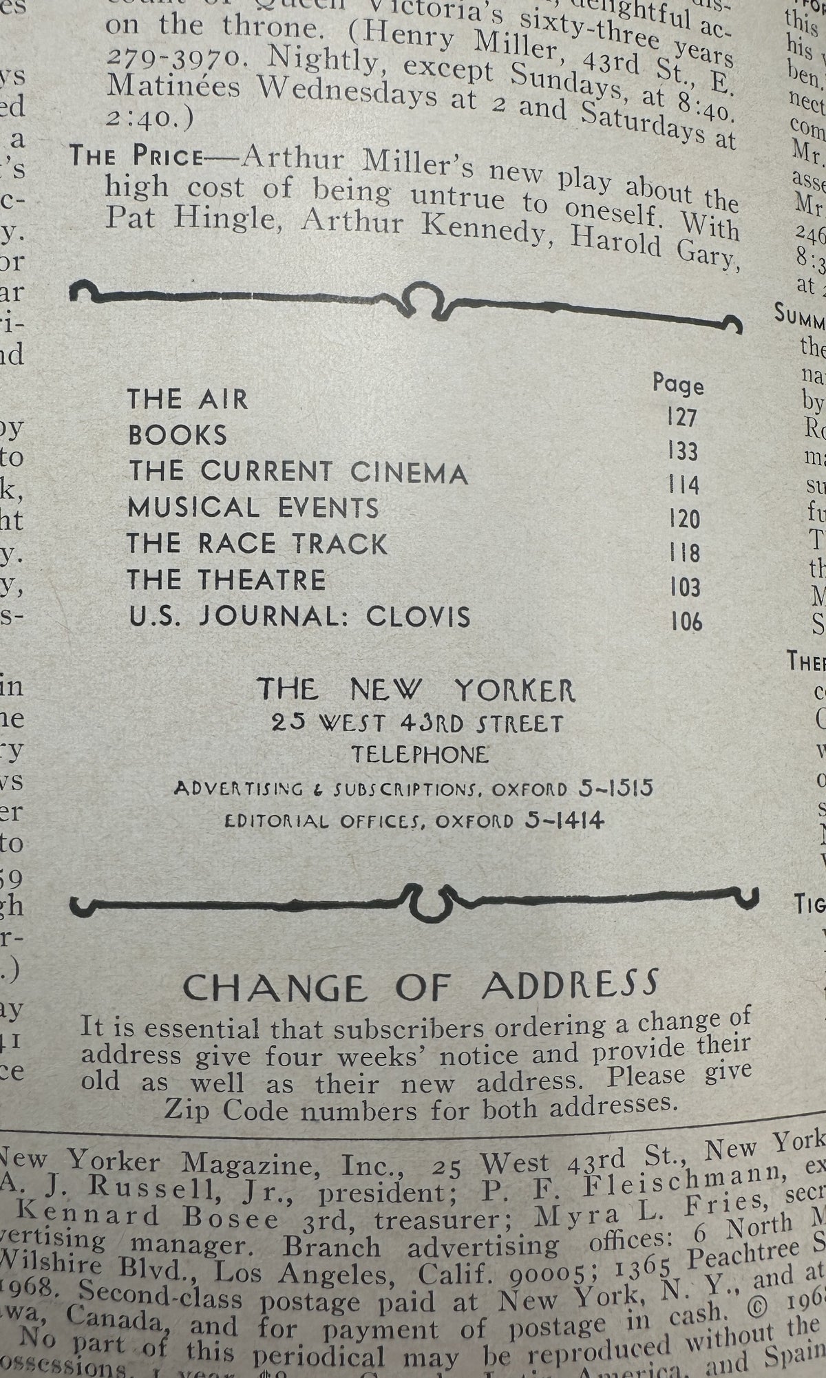 The New Yorker Magazine March 30, 1968 Cafe Women Charles D. Saxon Cover VG, table of contents page featuring The Air, Books, The Current Cinema, Musical Events, The Race Track, The Theatre, and U.S. Journal: Clovis.